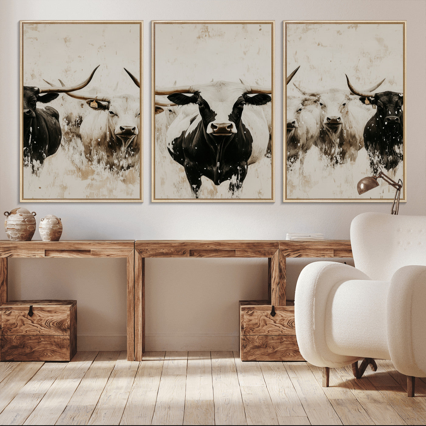 Illustrated herd of longhorn cattle in black and white tones with a neutral textured background, perfect for rustic or farmhouse-style decor.