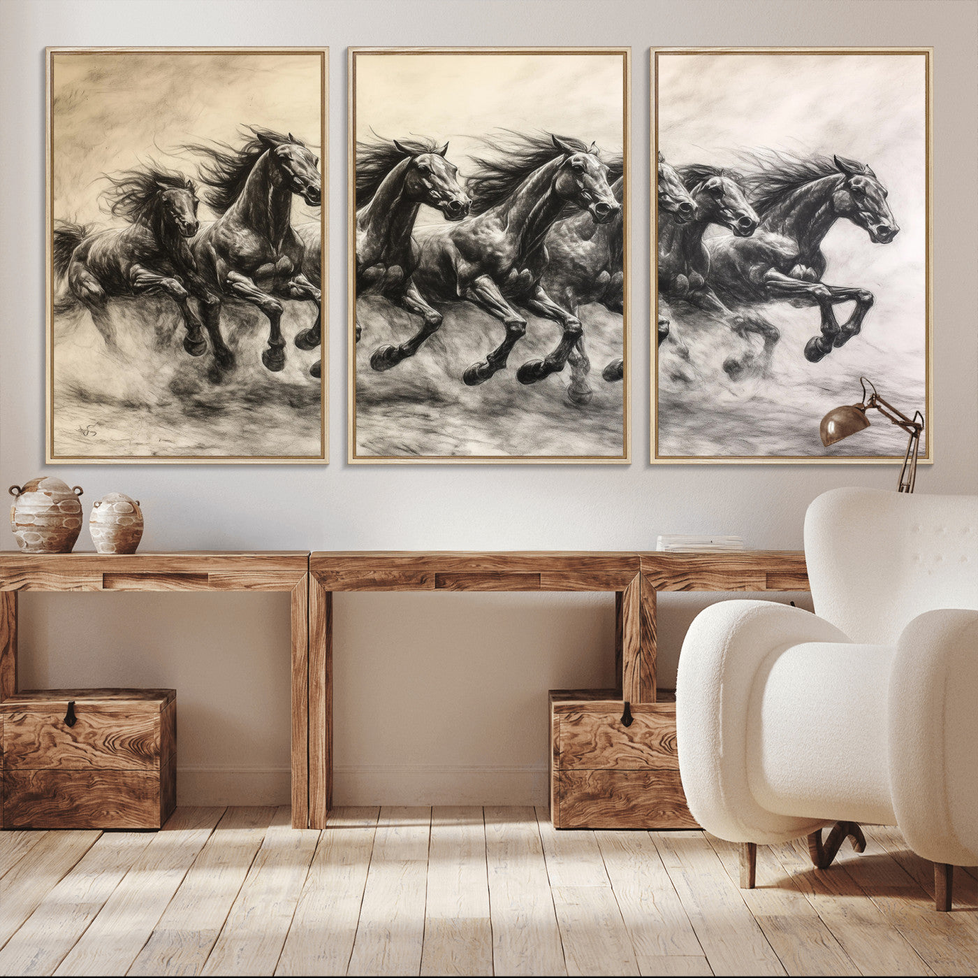 Monochrome drawing of a herd of galloping horses, perfect for dynamic and wild-themed decor in any equestrian or nature-inspired room.