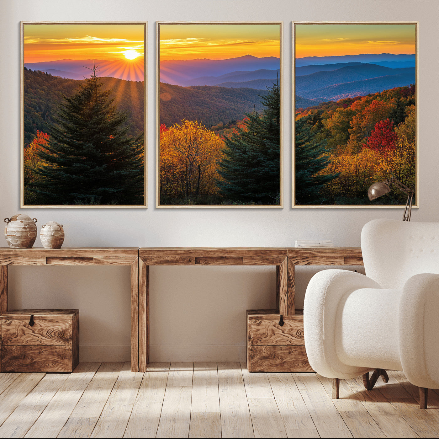 Vibrant sunset over autumn mountains with colorful trees and warm light, ideal for nature lovers or cabin-style wall decor.