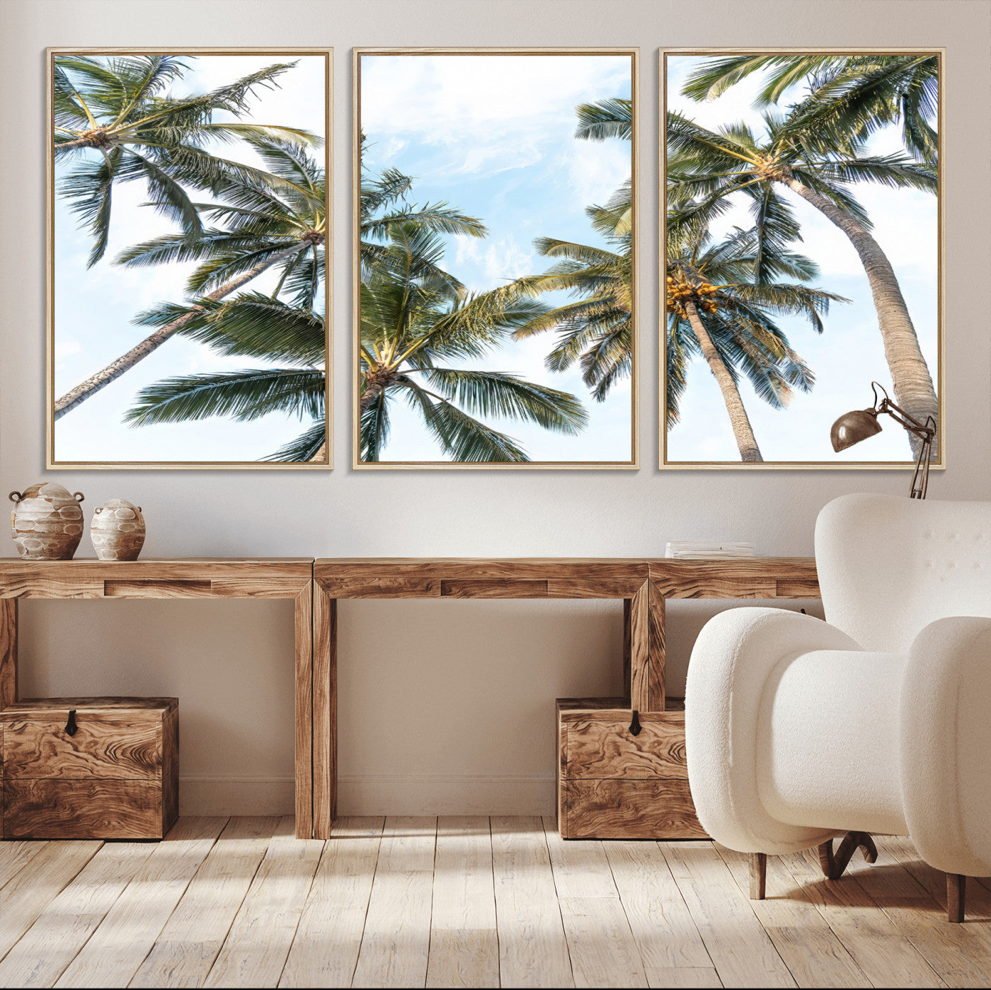 Framed canvas of tall palm trees reaching into a tropical sky, ideal for beach home or relaxed island-inspired wall decor.