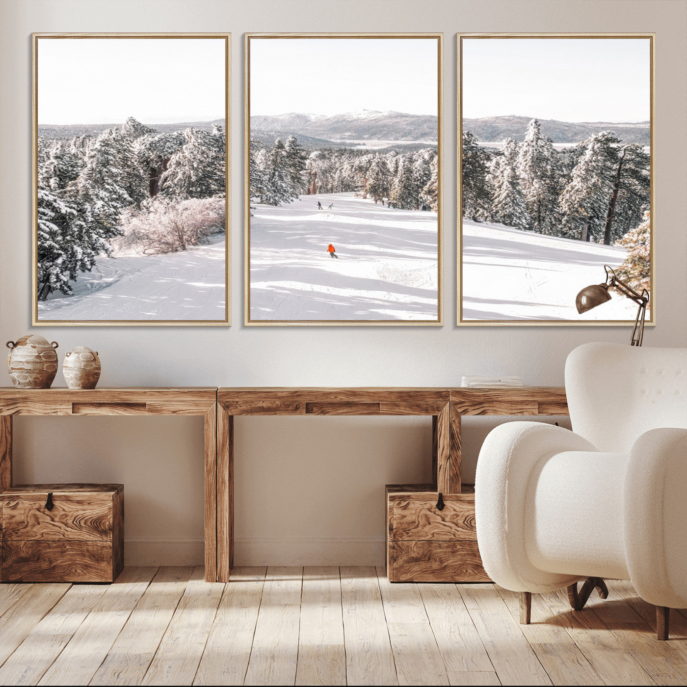 Bright ski trail lined with snow-covered pines and a skier in orange, perfect for alpine adventure or winter sports-inspired decor.