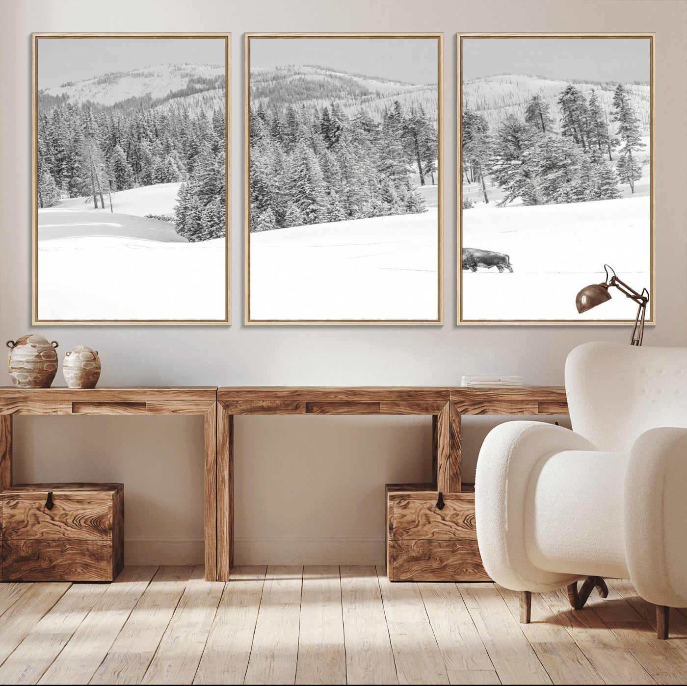 Snowy bison walking through white forest landscape, ideal for monochrome winter or wilderness-style interior wall decoration.
