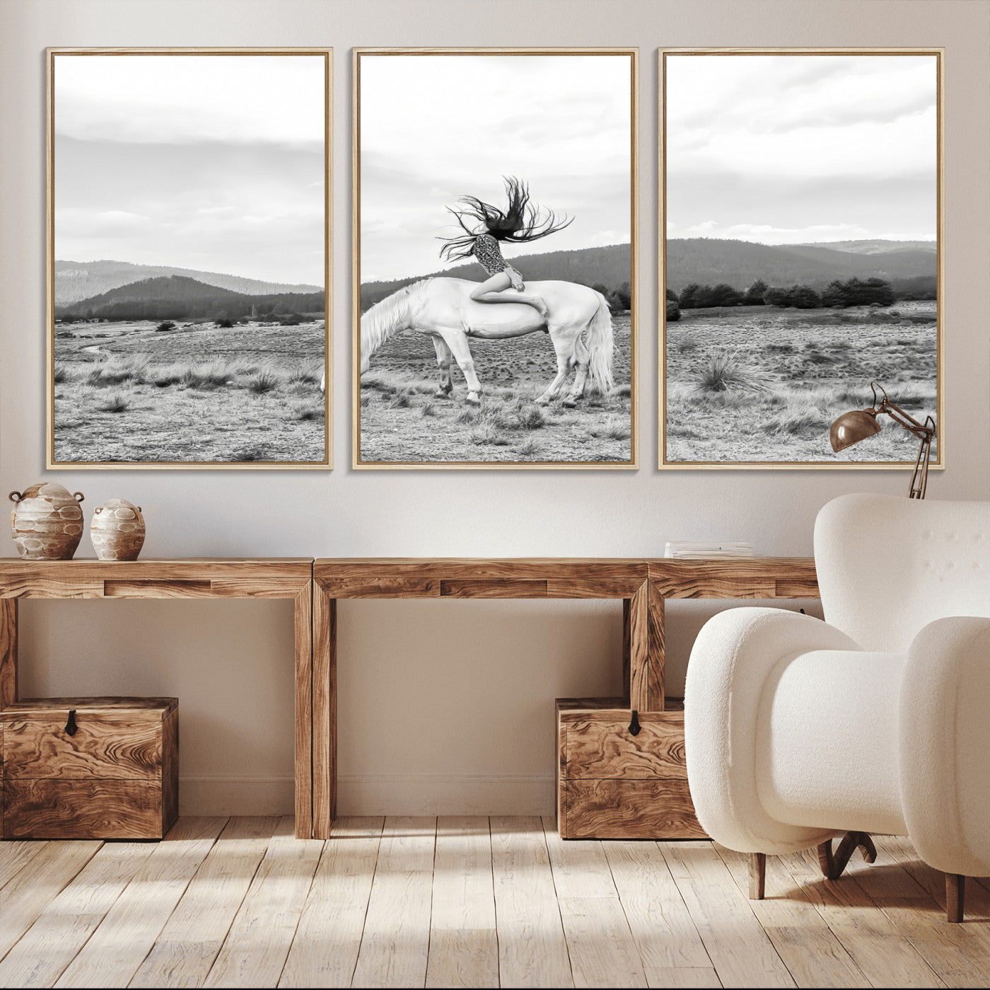 Black and white photo of a woman on a white horse in moody tones, ideal for Western Boho or modern rustic-style home decor.