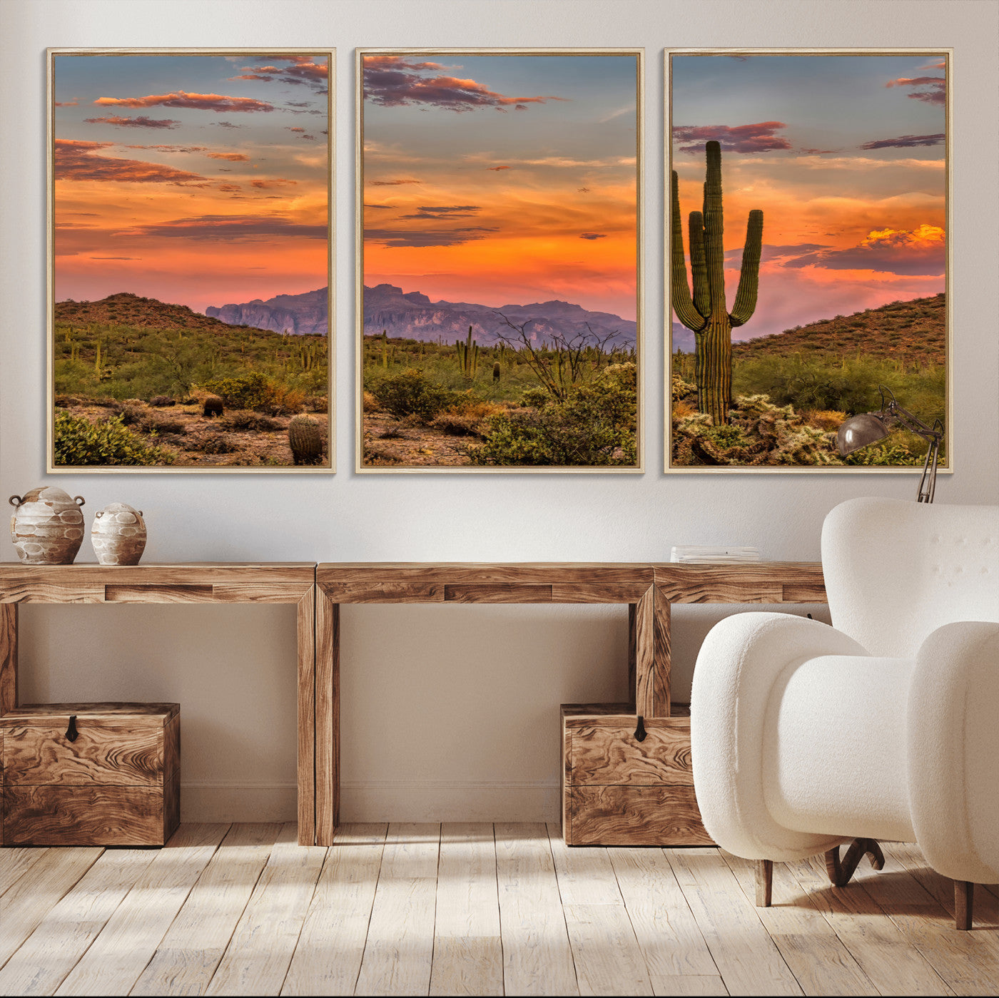 Vibrant desert sunset with saguaro cacti and distant mountains, perfect for Southwestern or warm-toned home decor.