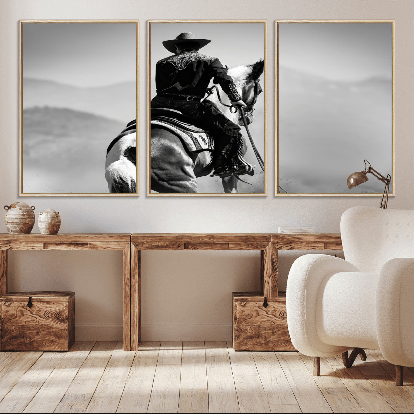 Black and white canvas of a cowboy on horseback with moody tones, perfect for rustic western or country-inspired home decor.