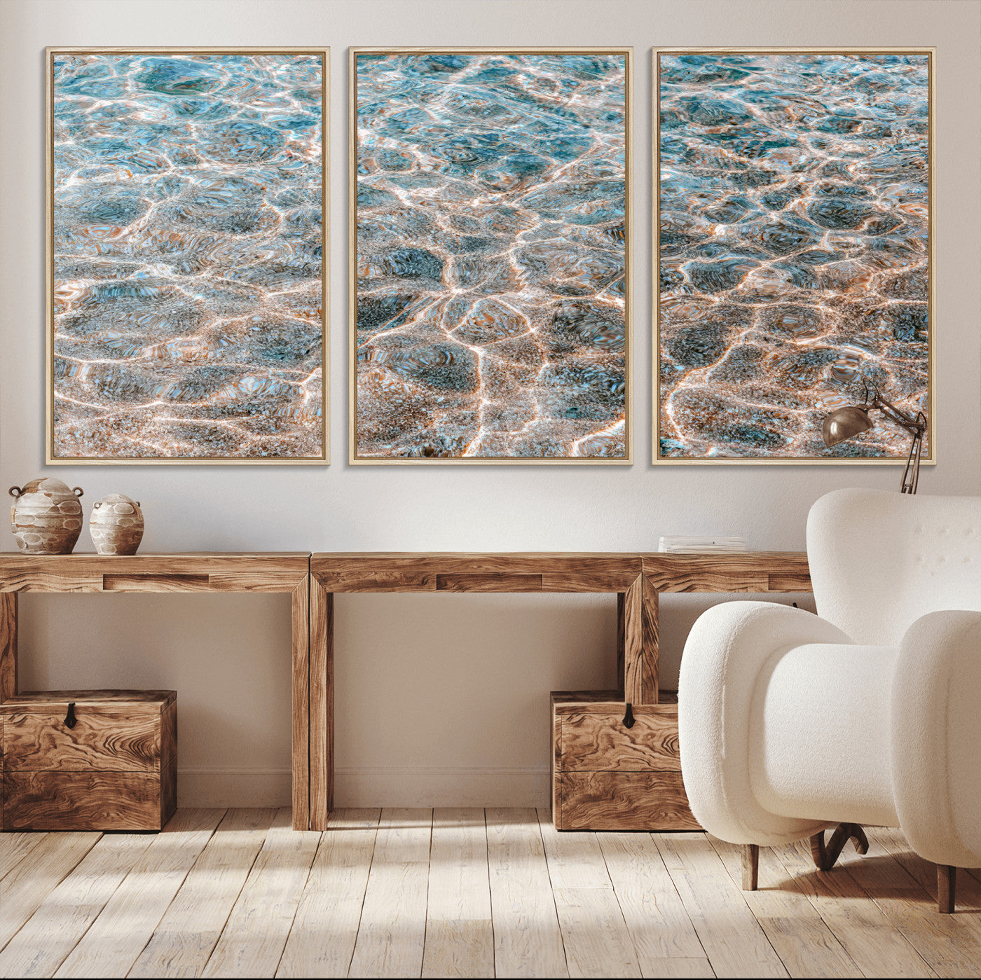 Close-up of sunlit ocean ripples with aqua blue and golden tones, ideal for modern coastal or minimalist home decor.