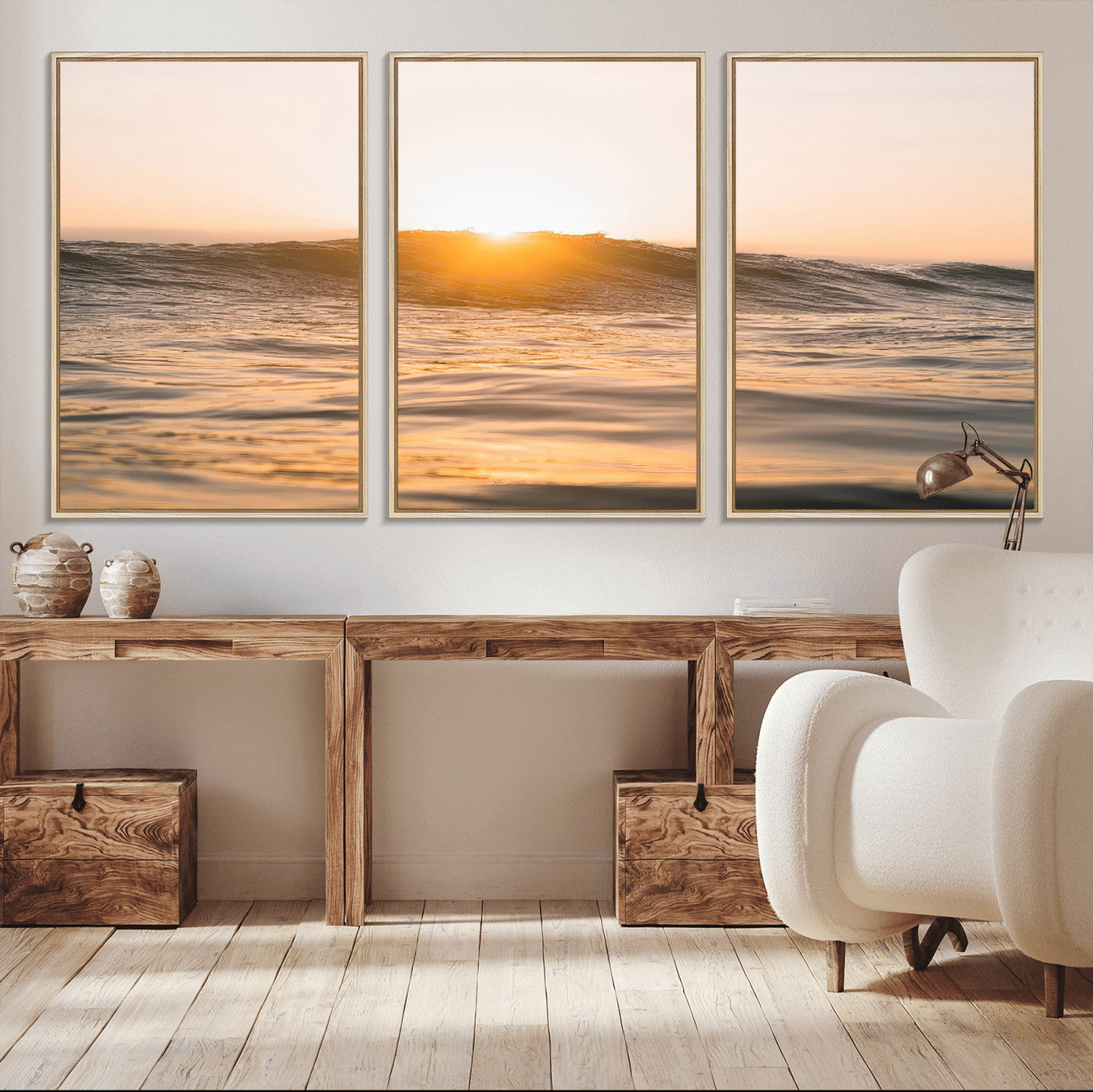 Ocean waves glowing under a warm golden sunset, reflecting soft light and calm movement, perfect for warm minimalist coastal interiors.