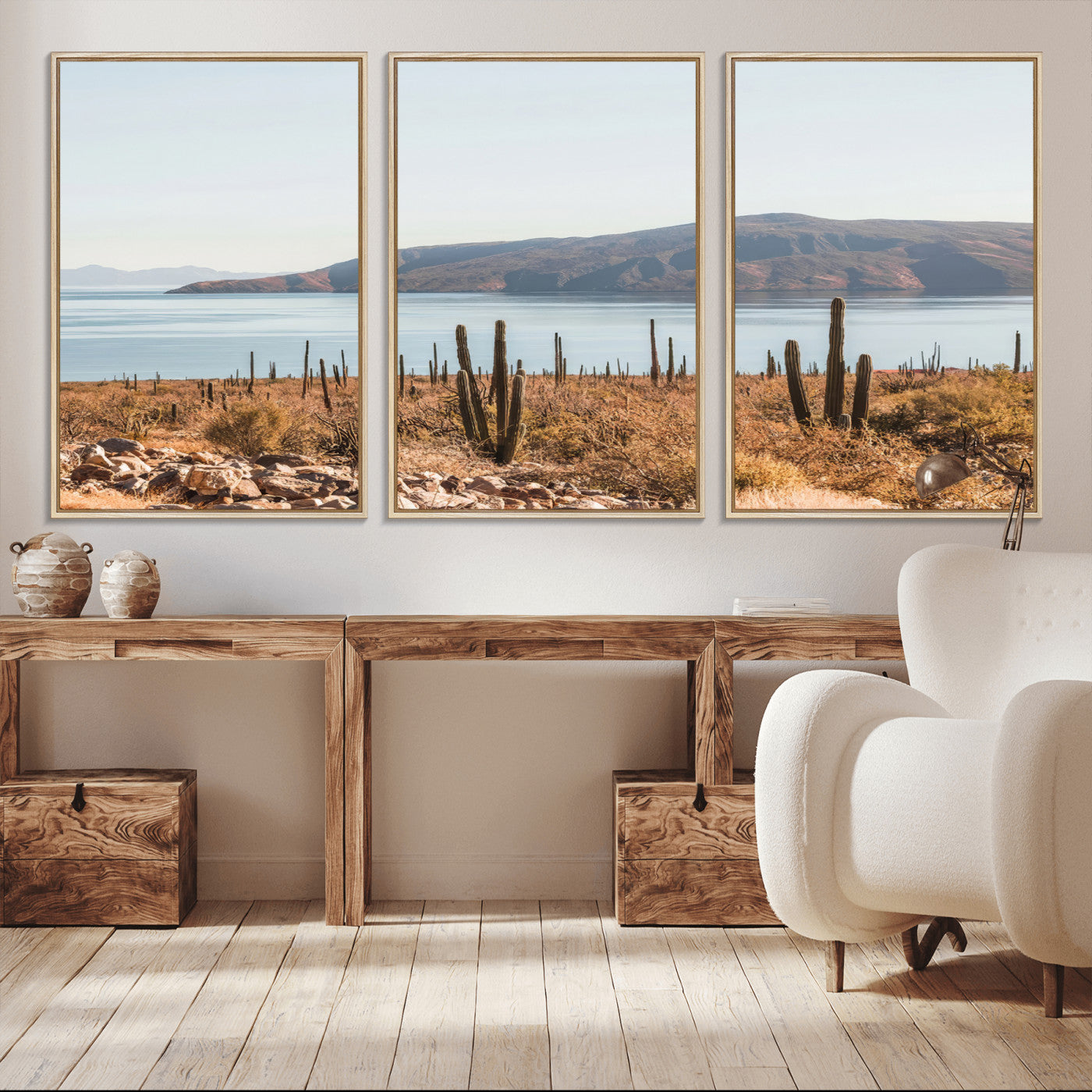 Warm desert landscape with cacti and coastal mountains, perfect for southwestern or earthy calm-themed home wall decor.