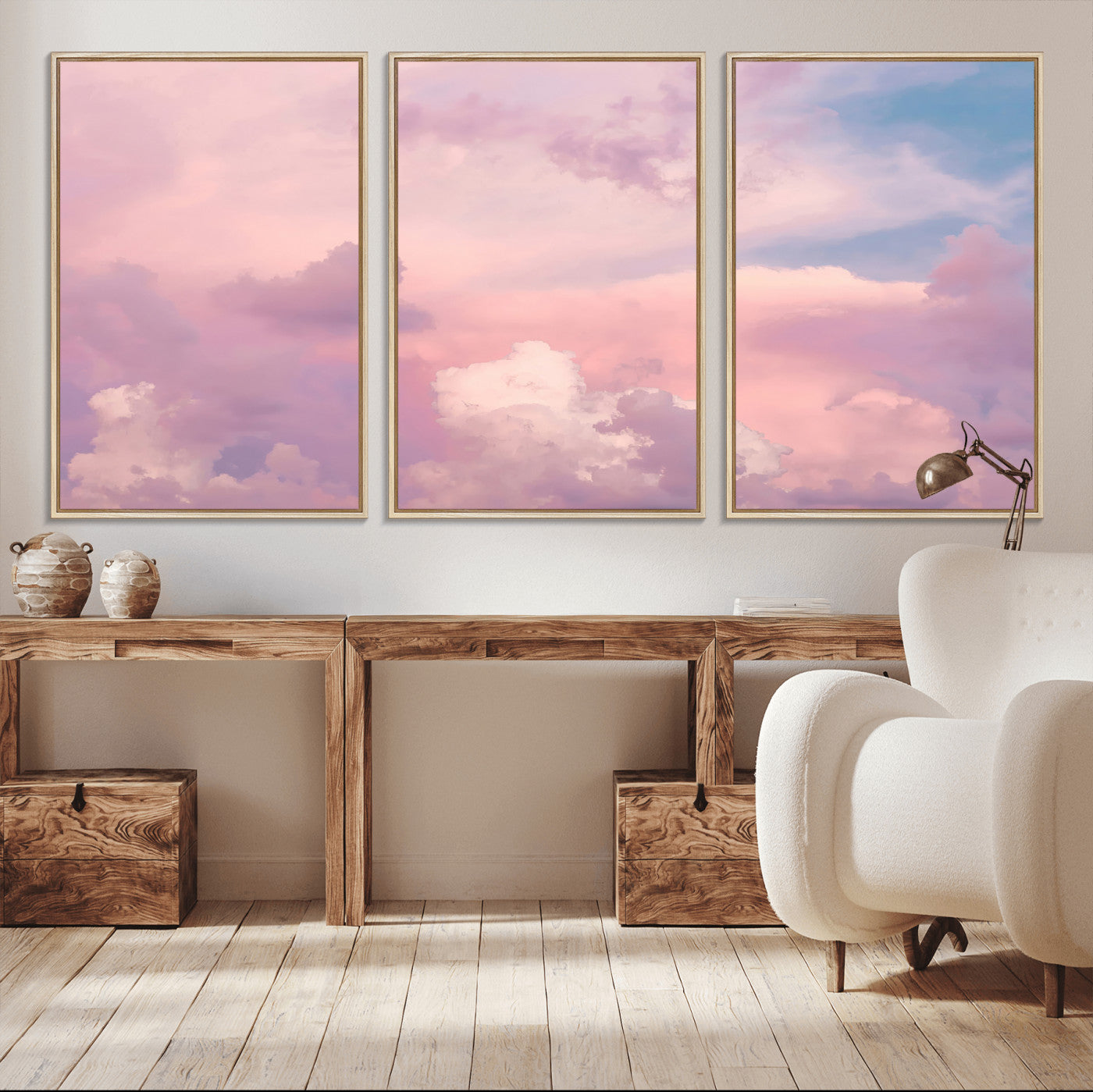 Soft pastel-colored clouds in shades of pink, purple, and blue, creating a dreamy and serene sky perfect for a calming decor touch.
