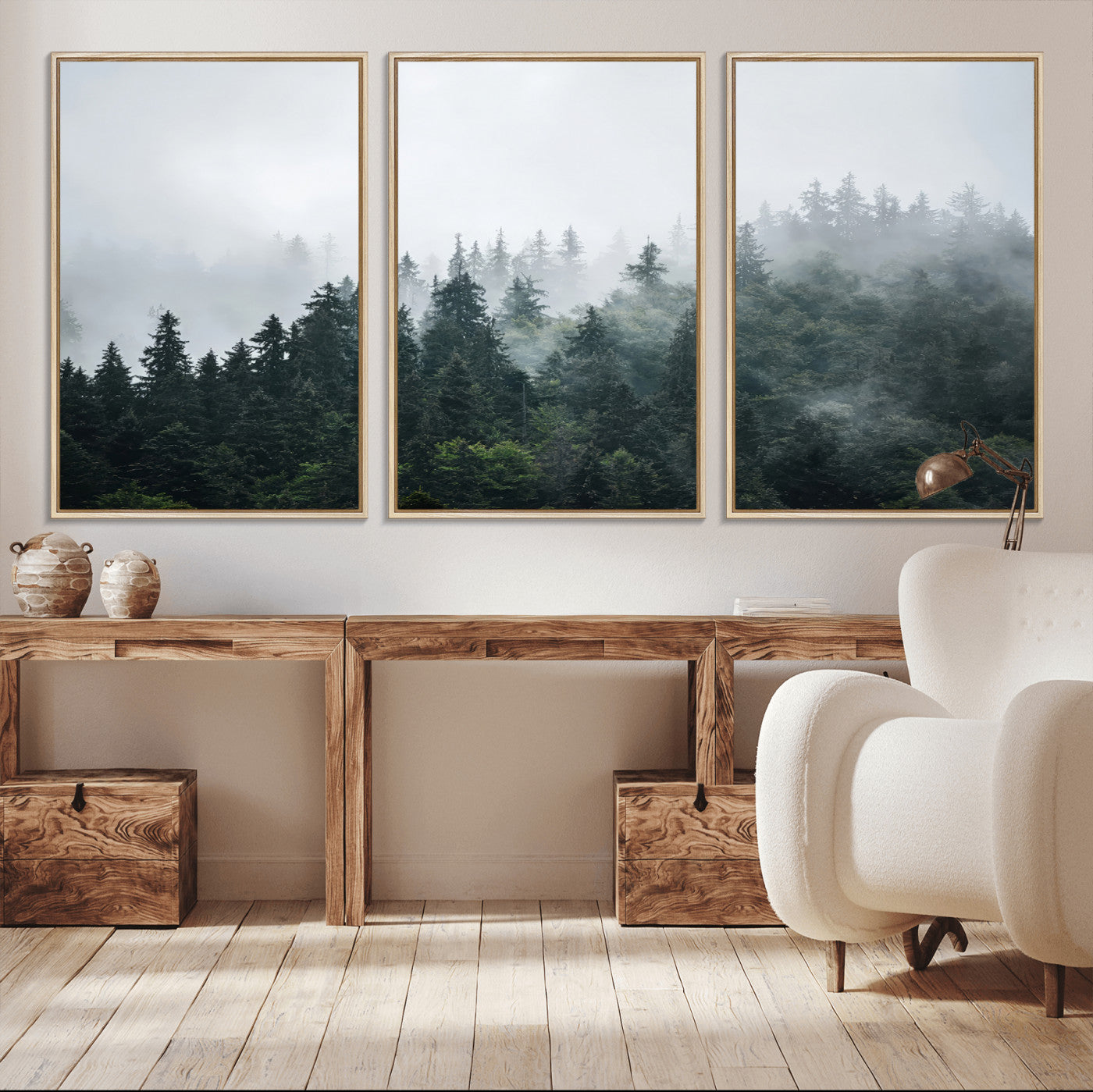 A misty evergreen forest shrouded in soft fog, creating a tranquil and moody landscape with lush green trees fading into the distance.