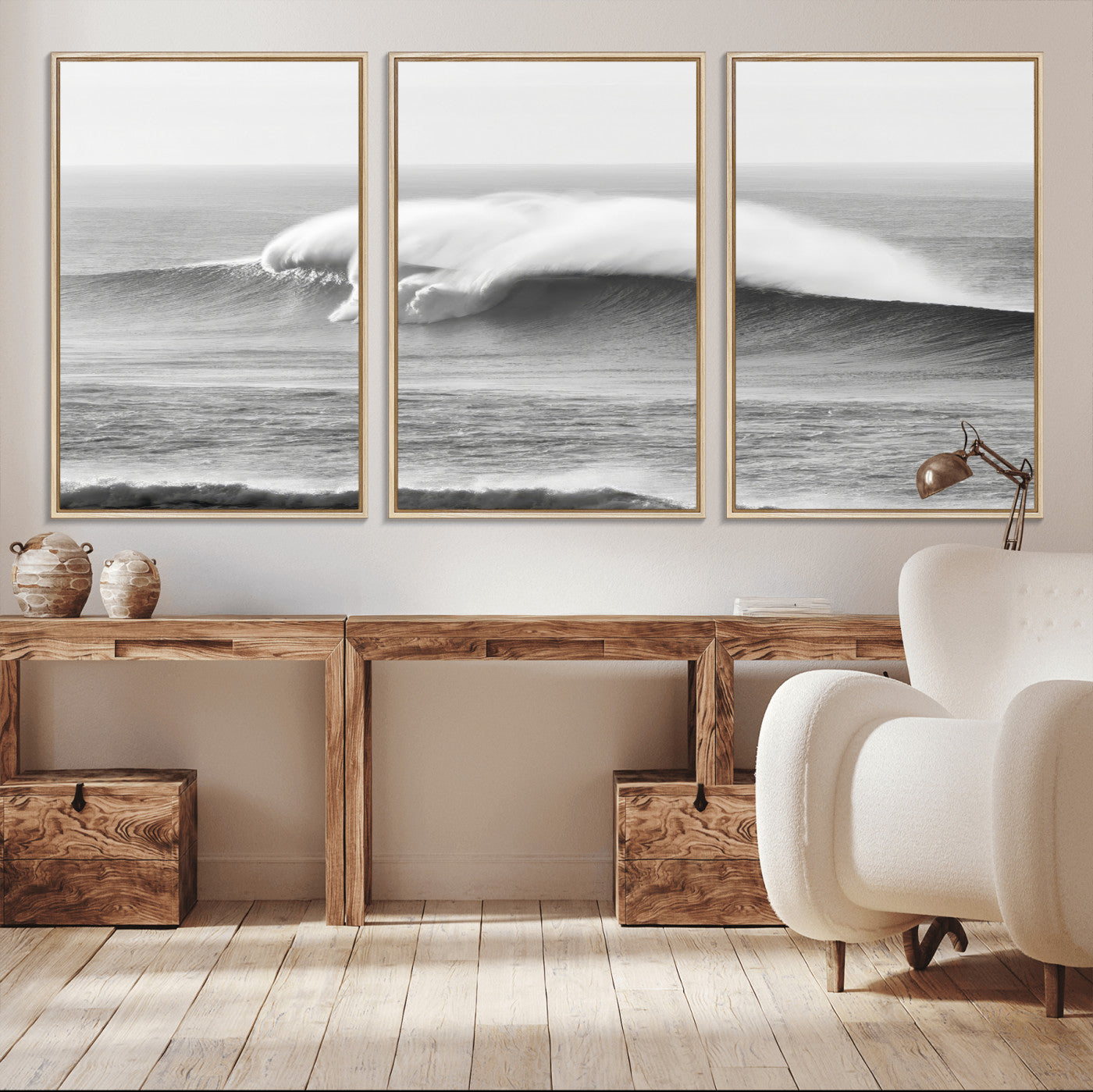 A dramatic black and white ocean wave crashing with immense force, capturing the raw power and movement of the sea in a bold seascape.