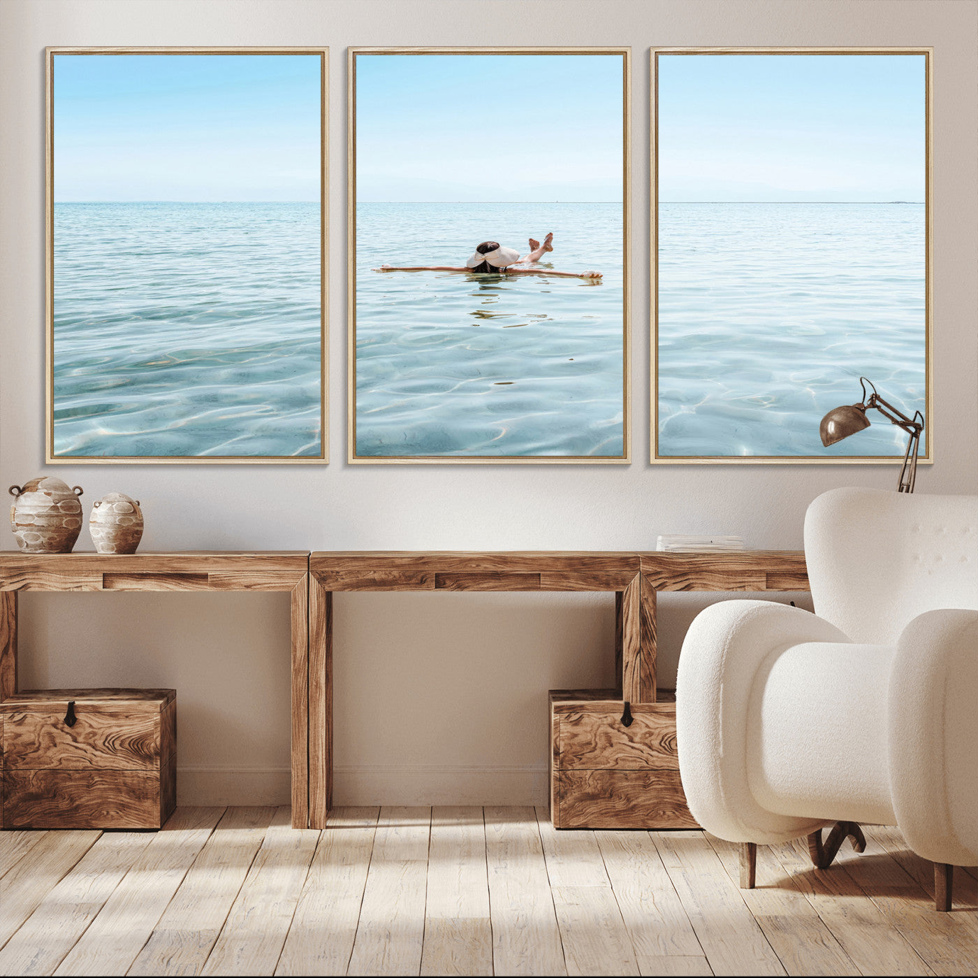 A peaceful minimalist scene of a person floating on crystal-clear water, surrounded by a vast open horizon, capturing relaxation and serenity in a tranquil aquatic setting.