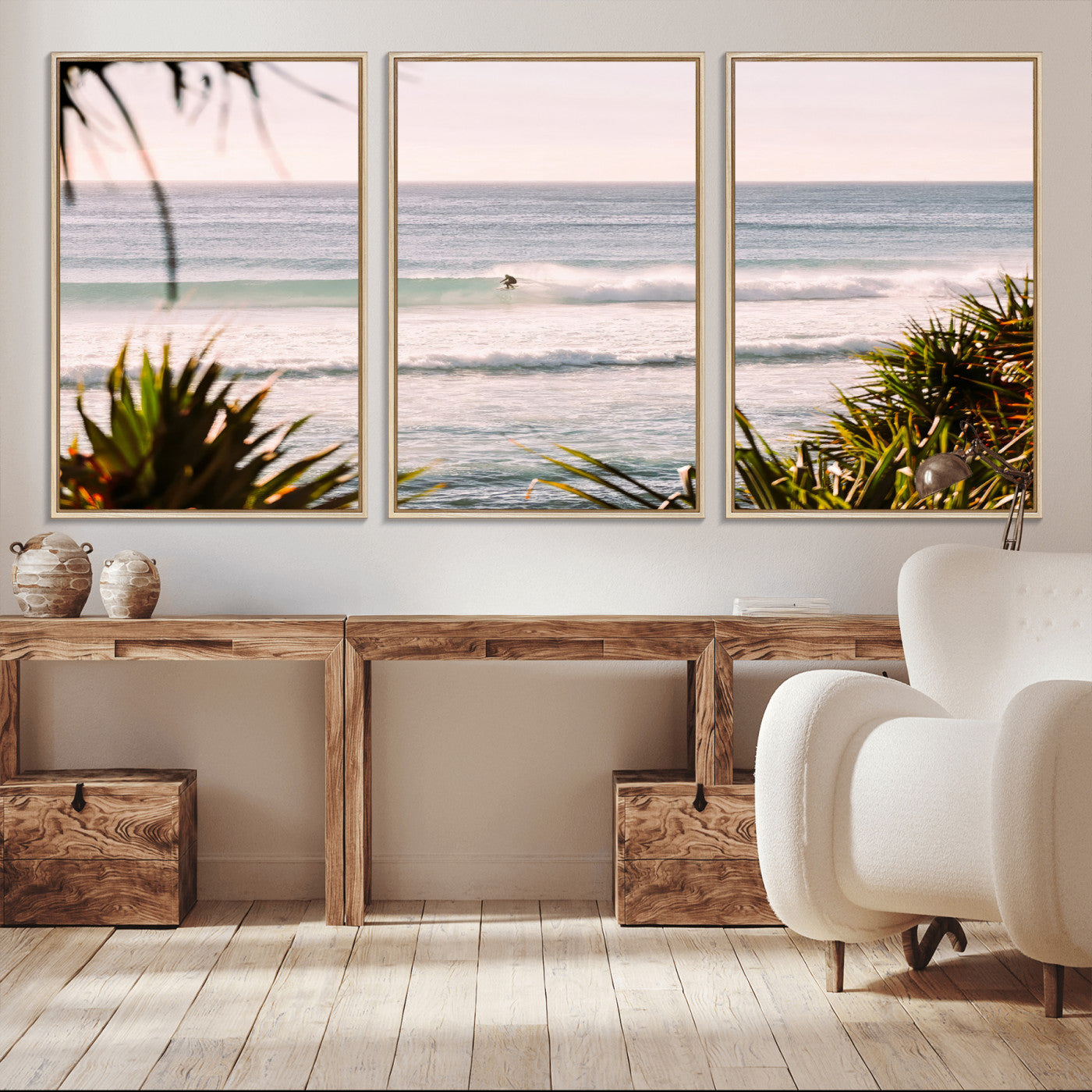 Canvas of a lone surfer riding a pastel wave at sunrise, perfect for tropical or coastal-themed spaces with a relaxed, airy vibe.