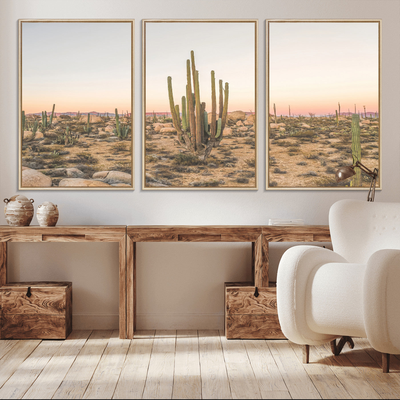 Canvas of tall desert cacti in warm sunset tones over a rocky Baja landscape, ideal for earthy or Southwestern-style home decor.