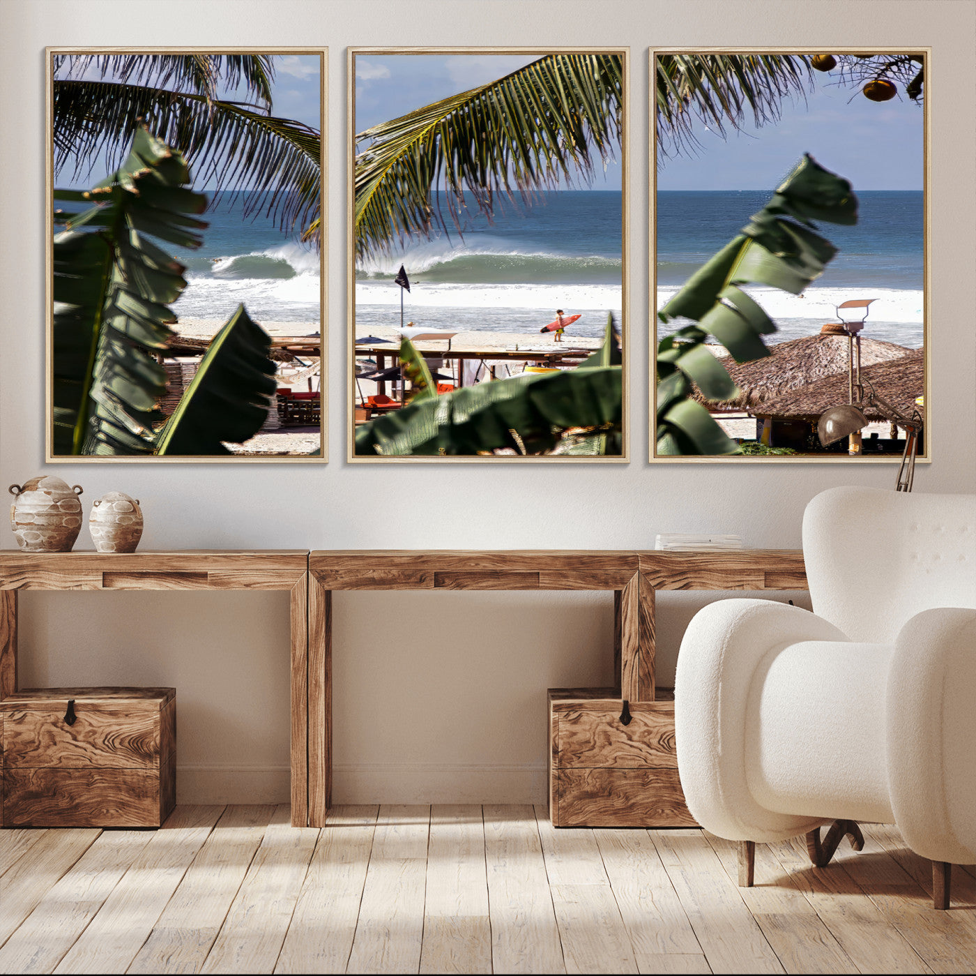 Canvas wall art of a tropical surf scene framed by palm trees, with a surfer on the shore and waves rolling in, ideal for beach-themed decor.