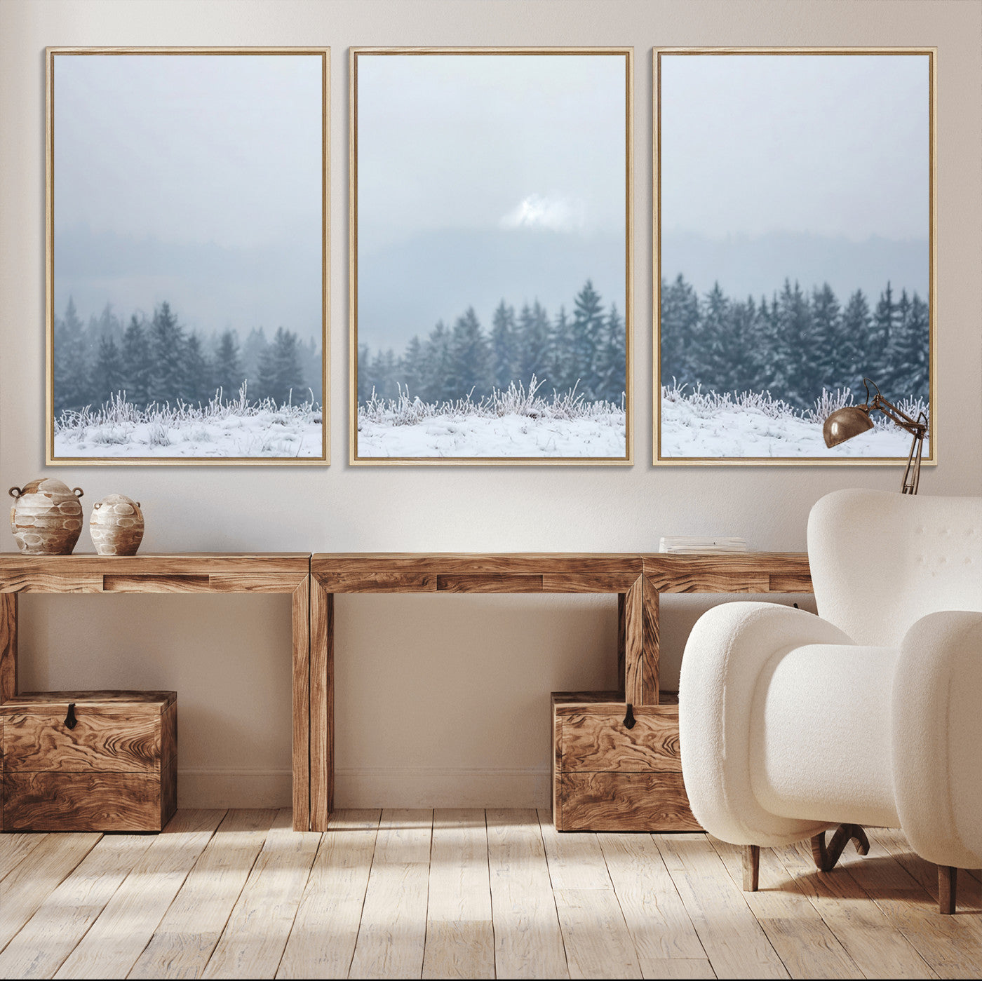 Snow-covered forest under misty sky, soft light breaking through clouds, ideal for minimalist or Nordic-inspired home decor.