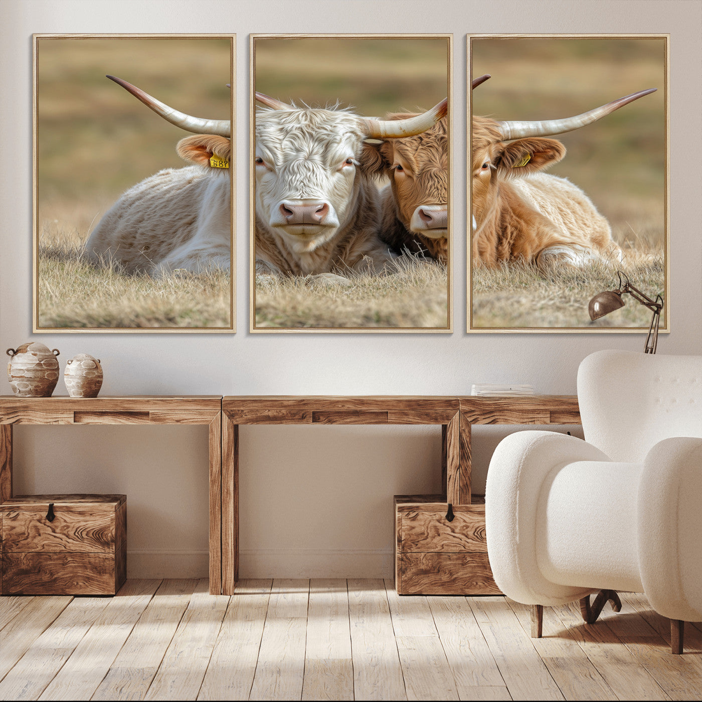Two cows laying closely in a dry grassy field, captured in soft light, perfect for rustic farmhouse or western style home decor.