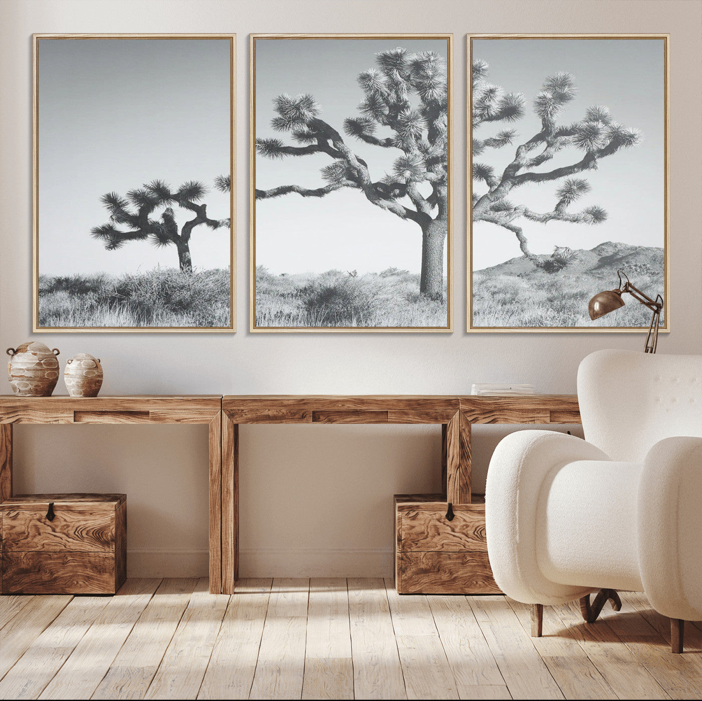 Black and white Joshua tree in a desert landscape with soft light and dry brush, perfect for rustic or minimalist home decor.