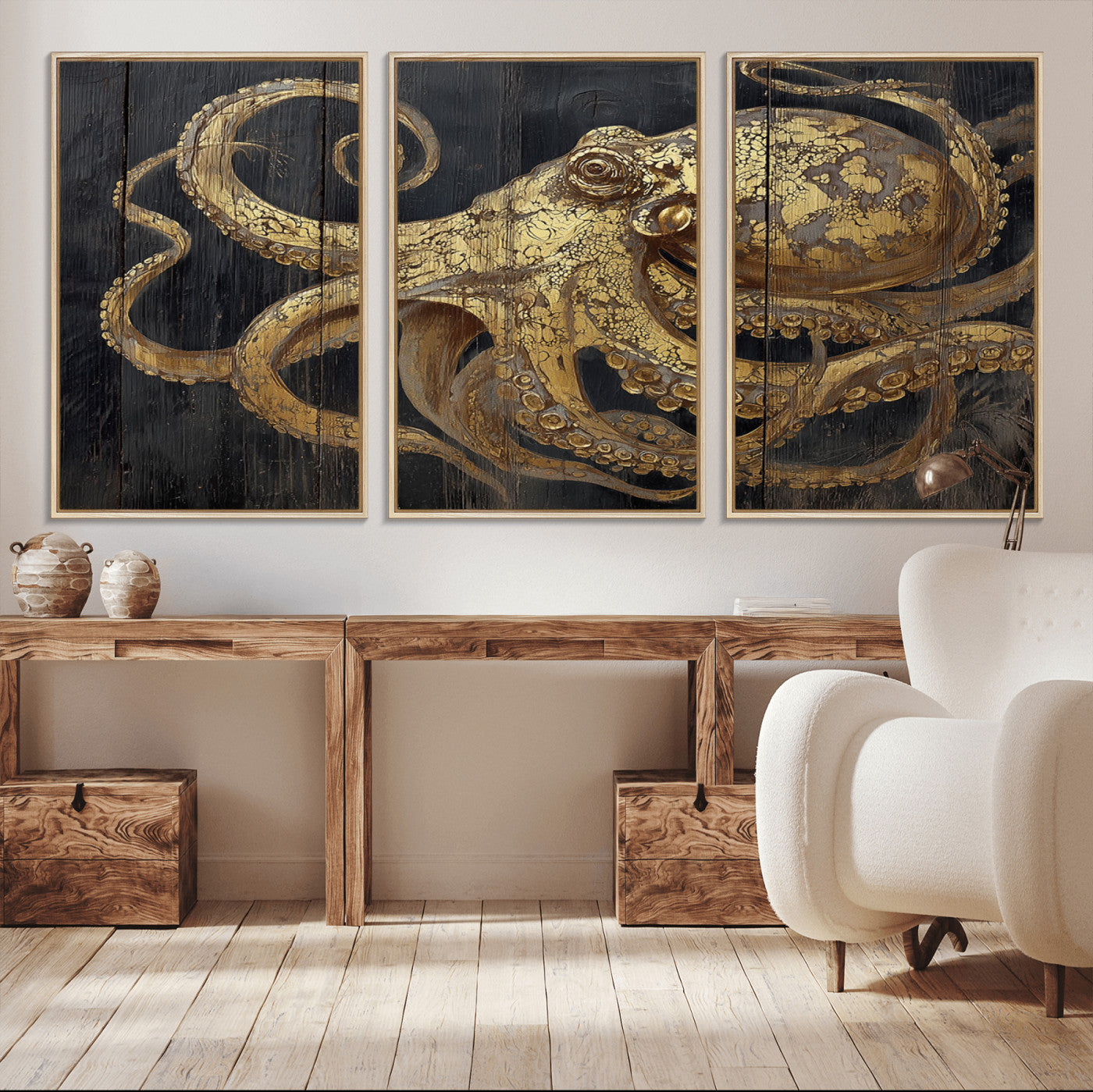 A detailed gold illustration of an octopus on black wooden planks, showing its intricate tentacles and textured skin in an artistic style.