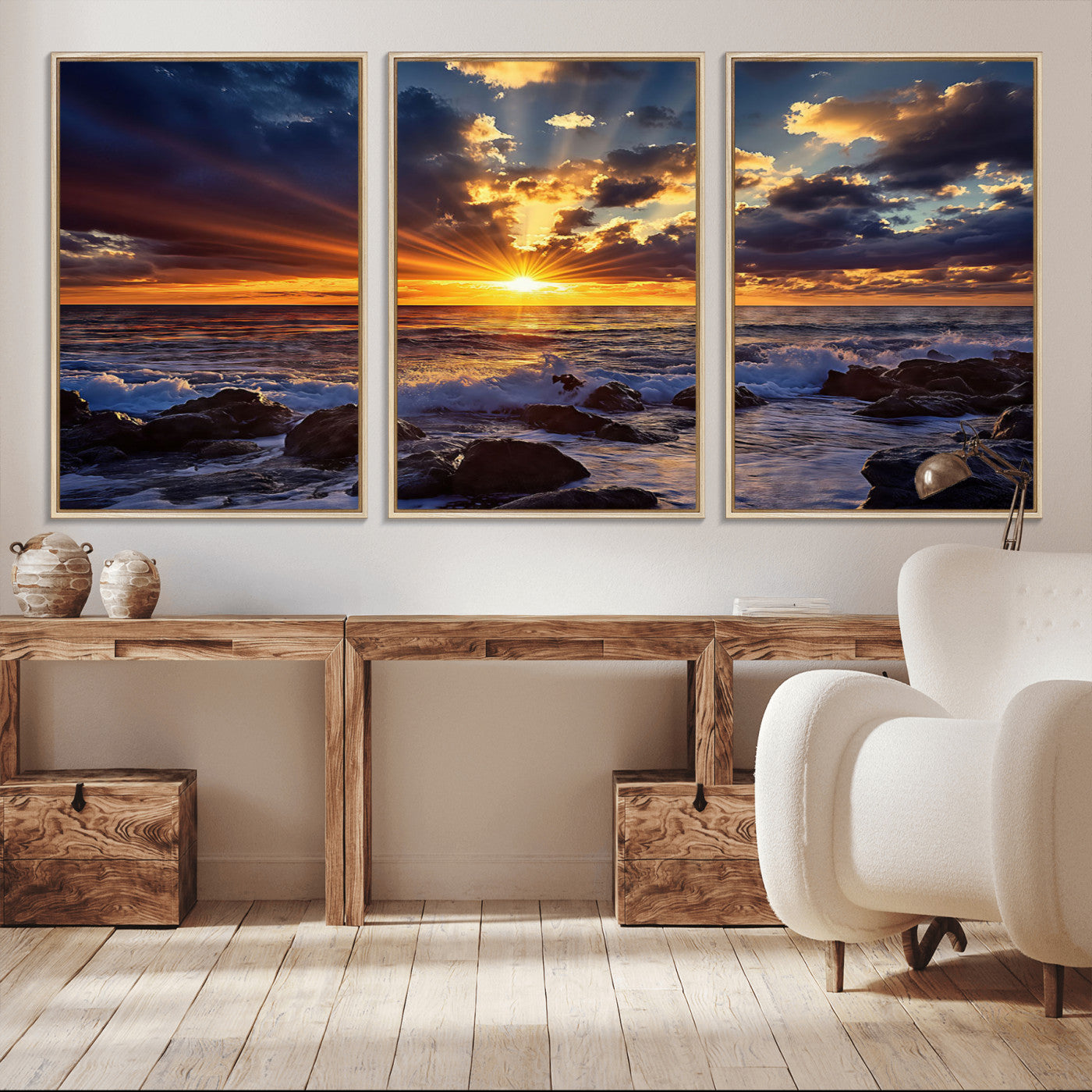An explosive sunset over the ocean with dramatic clouds and rays of sunlight reflecting off the water, creating a vibrant and captivating view.