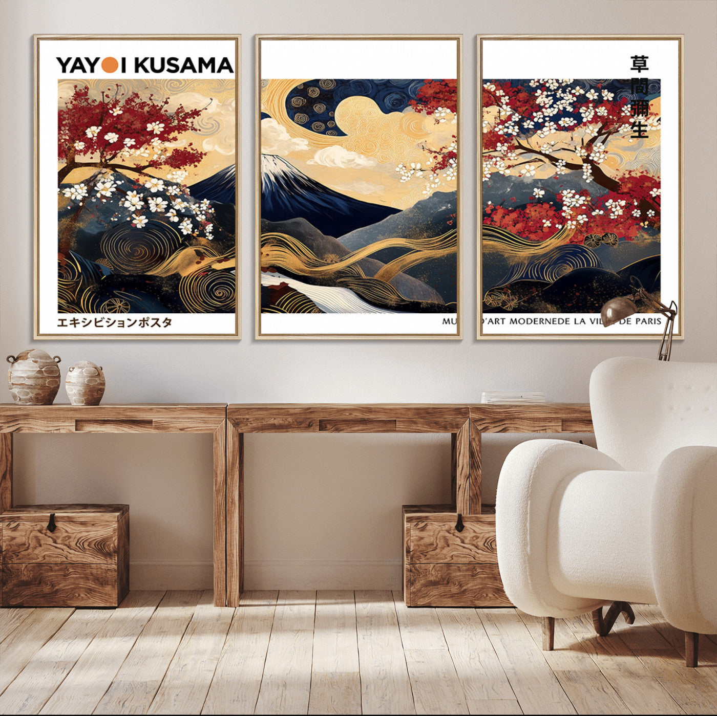 An artwork by Yayoi Kusama featuring Mount Fuji, blooming cherry blossoms, and swirling patterns in a harmonious blend of nature and art.