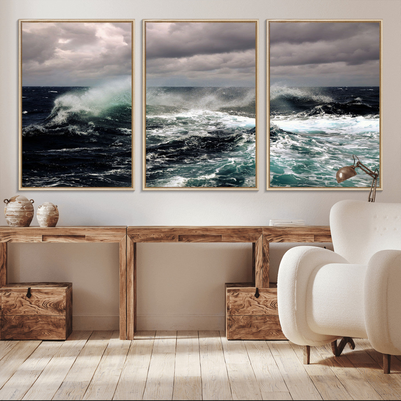 Powerful ocean waves crashing under stormy skies, creating a dynamic and intense seascape.