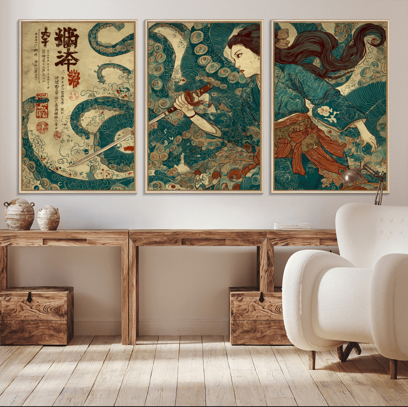 Tsukioka Yoshitoshi Samurai Wall Art Print, Japanese Katana Warrior Canvas Wall Art, Octopus Sea Monster Canvas Print,