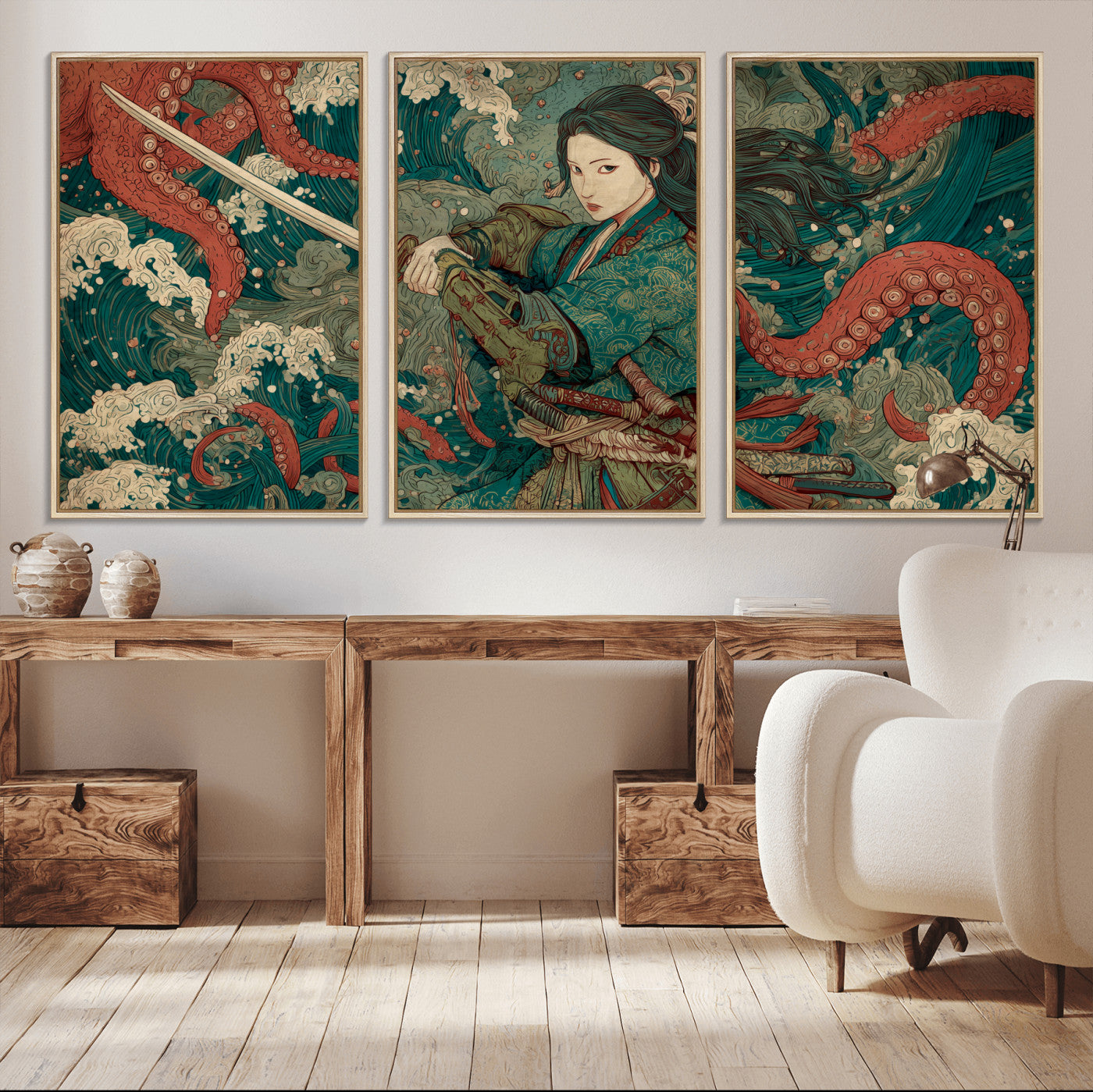 Tsukioka Yoshitoshi Samurai Wall Art Print, Japanese Katana Warrior Canvas Wall Art, Octopus Sea Monster Canvas Print,