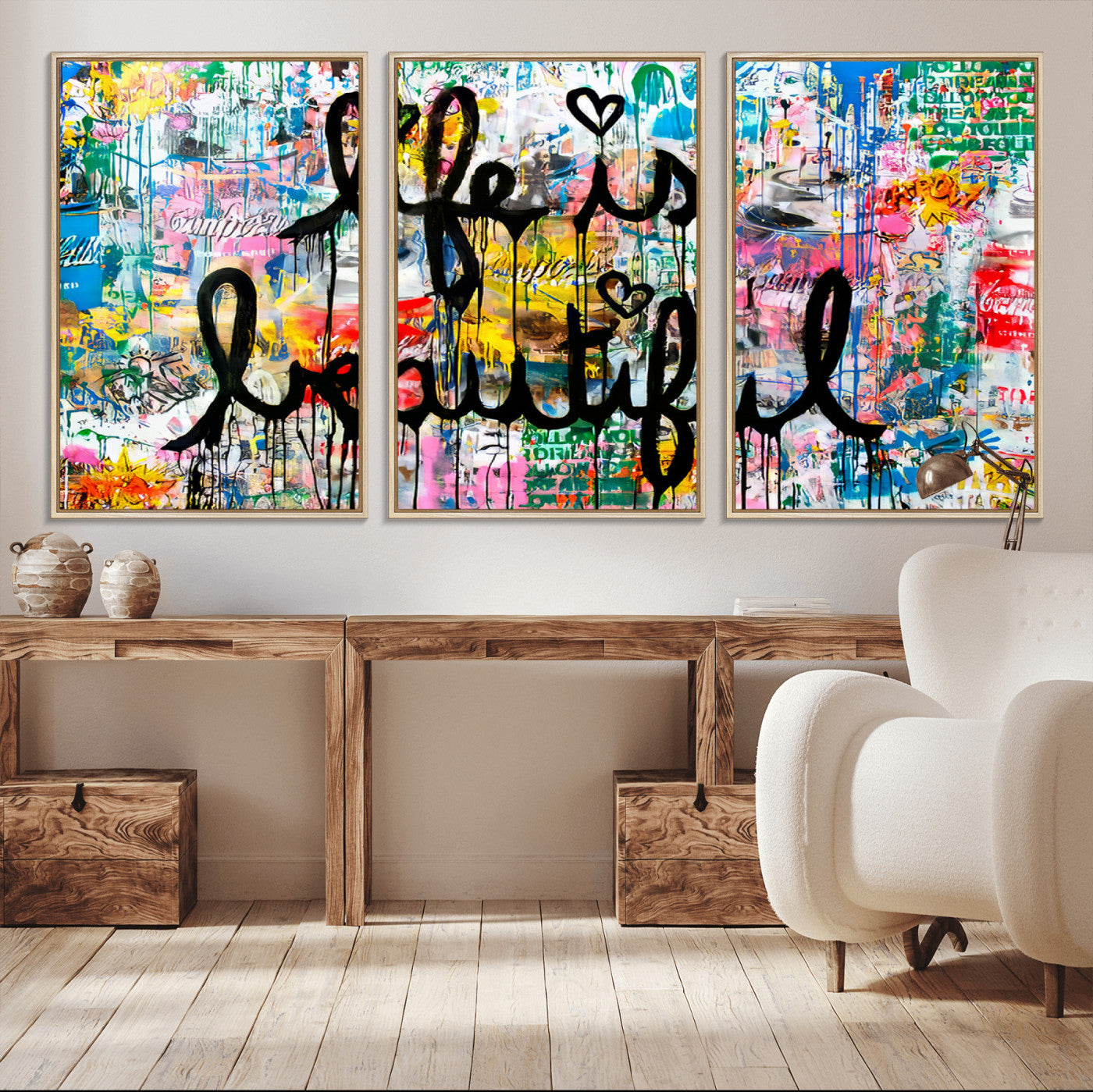 Colorful urban-style canvas with graffiti text “Life is Beautiful” in black paint, ideal for bold or street-themed home decor.