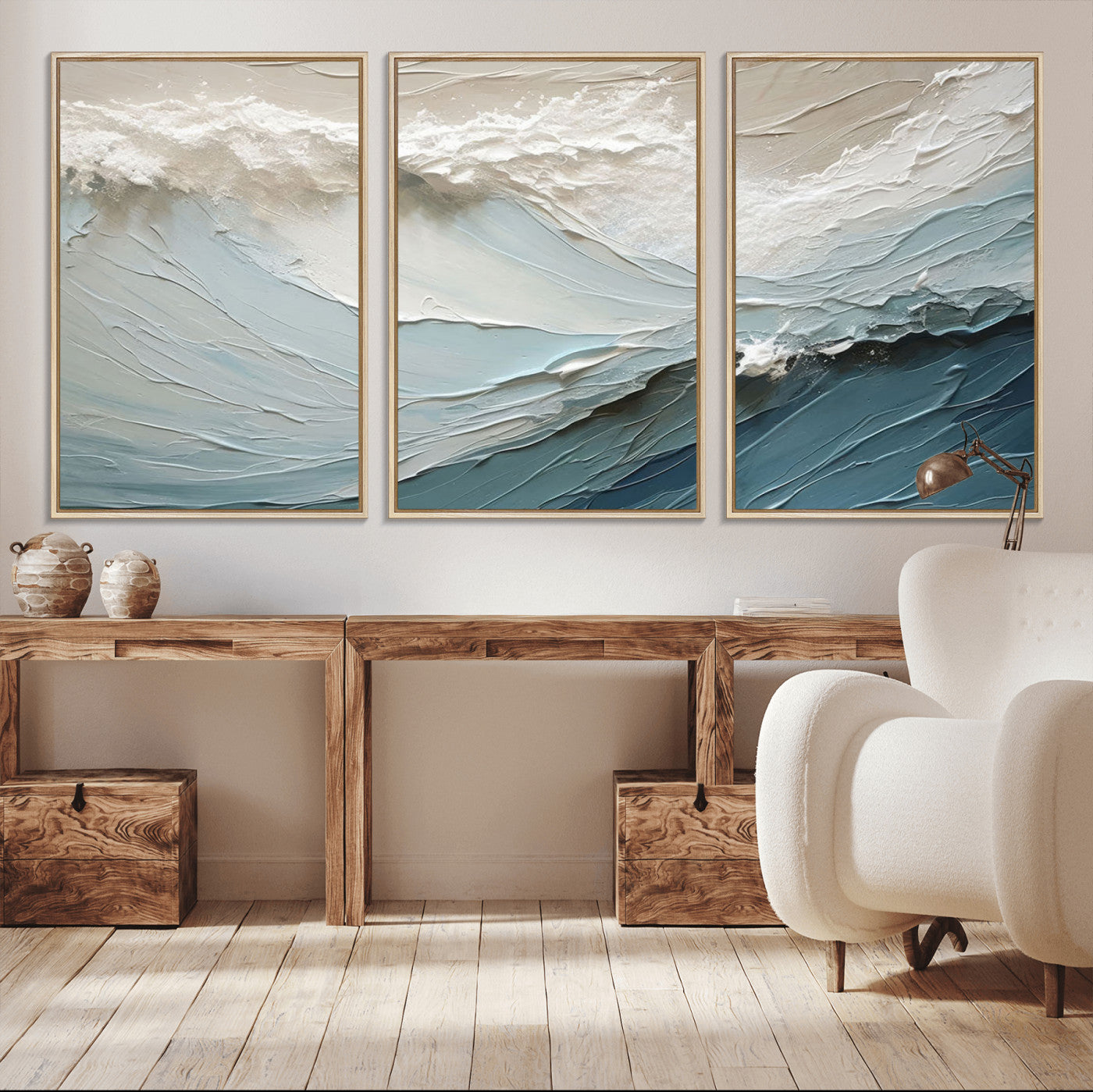 Textured canvas of ocean waves in soft coastal blues and creamy whites, ideal for modern or minimalist coastal-style interiors.