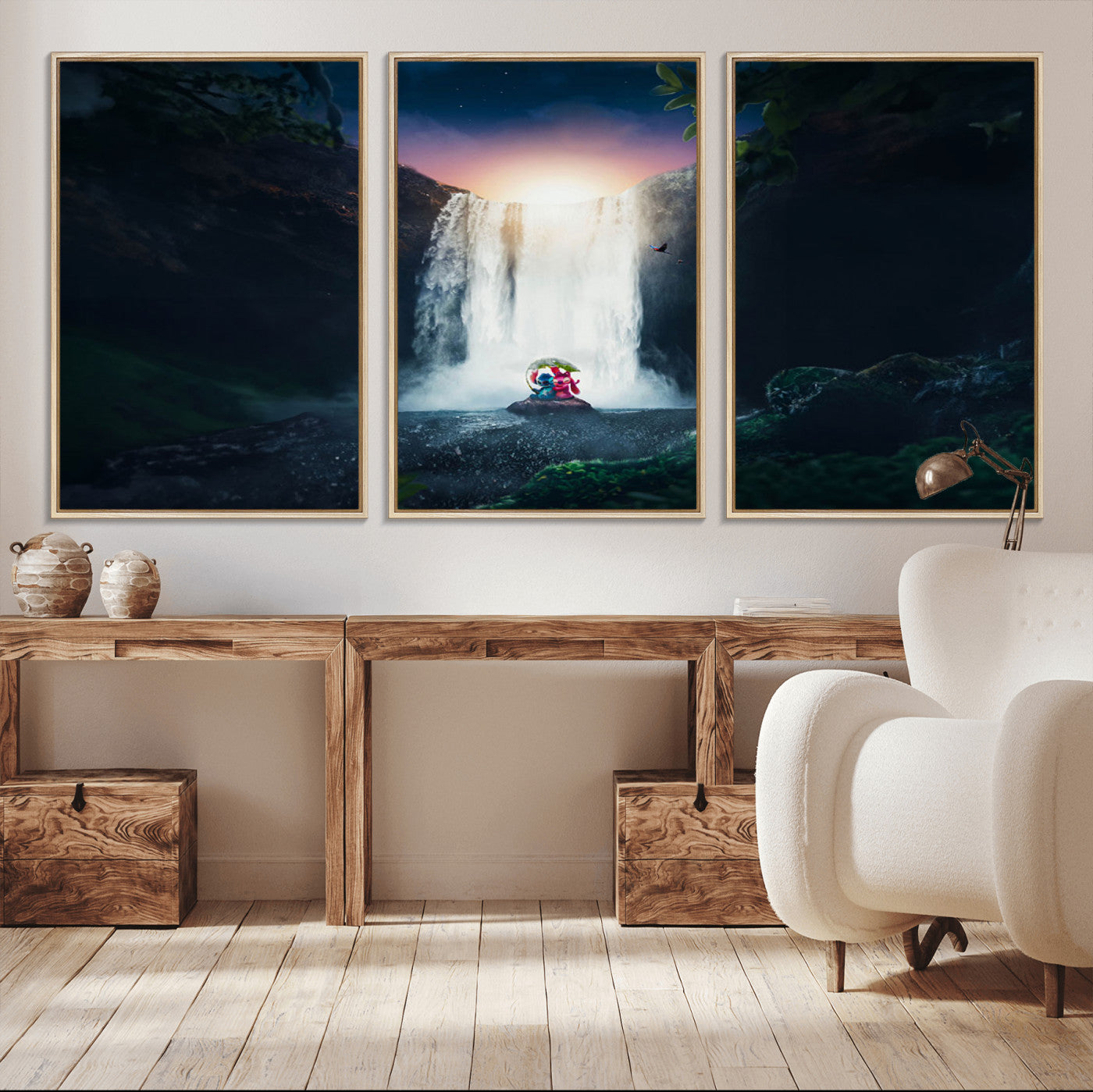 Romantic scene of Stitch and Angel sitting under a leaf in front of a glowing waterfall, ideal for tropical or fantasy-themed decor.