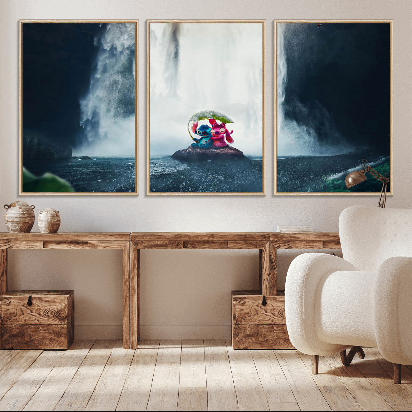 Fantasy canvas of Stitch and Angel under a leaf umbrella in front of a dramatic waterfall, perfect for moody jungle-themed or animated decor.