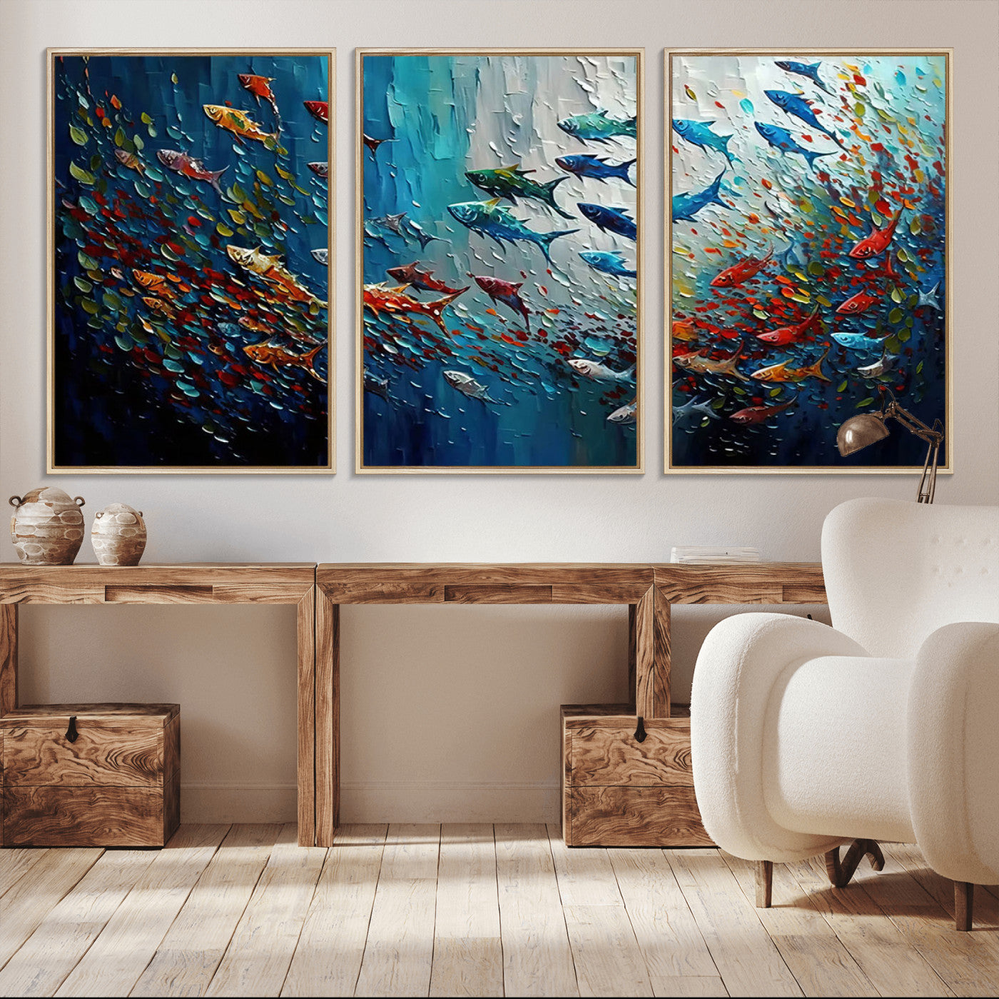 Colorful painting of fish swimming in abstract ocean swirls, perfect for vibrant marine-themed or expressive coastal home decor.