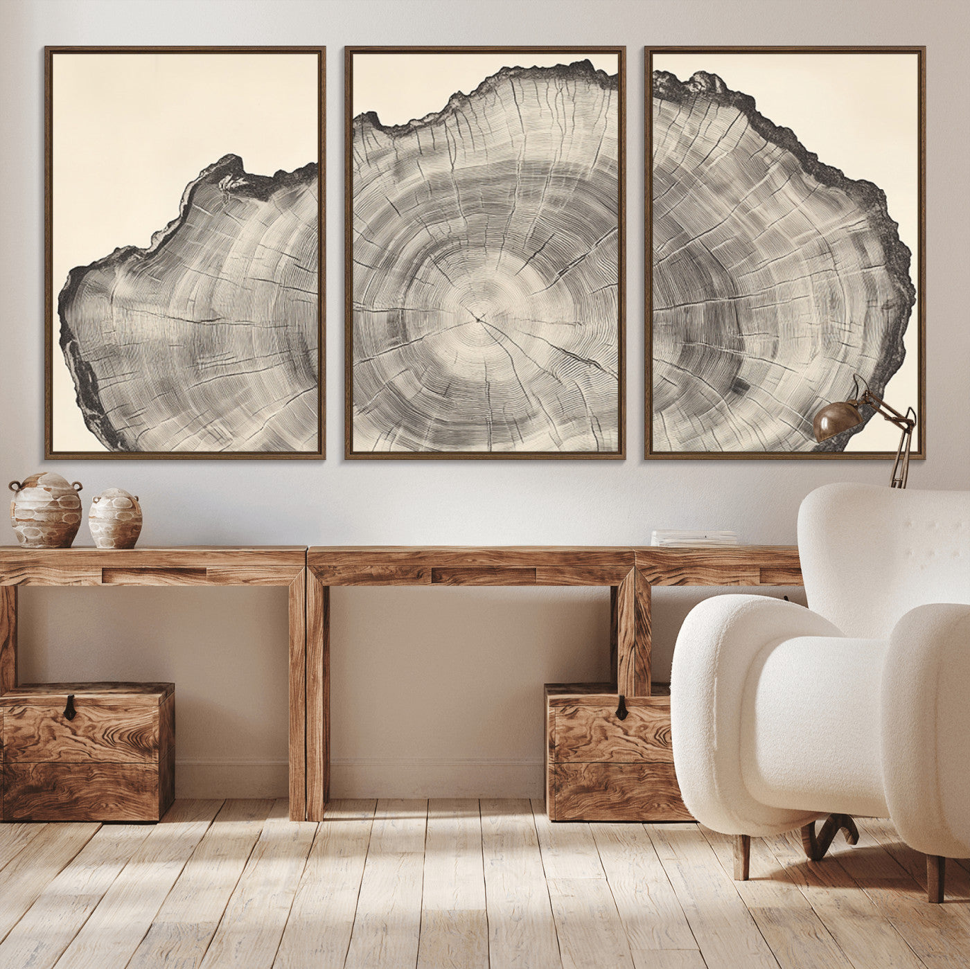 Detailed tree ring drawing in monochrome tones, ideal for rustic or nature-inspired interiors with a minimal decor aesthetic.