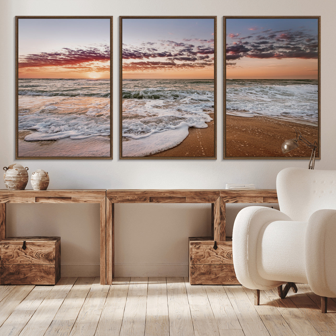 Canvas of a sunset over a foamy ocean shore with warm light and gentle waves, ideal for coastal or beach-themed home decor.