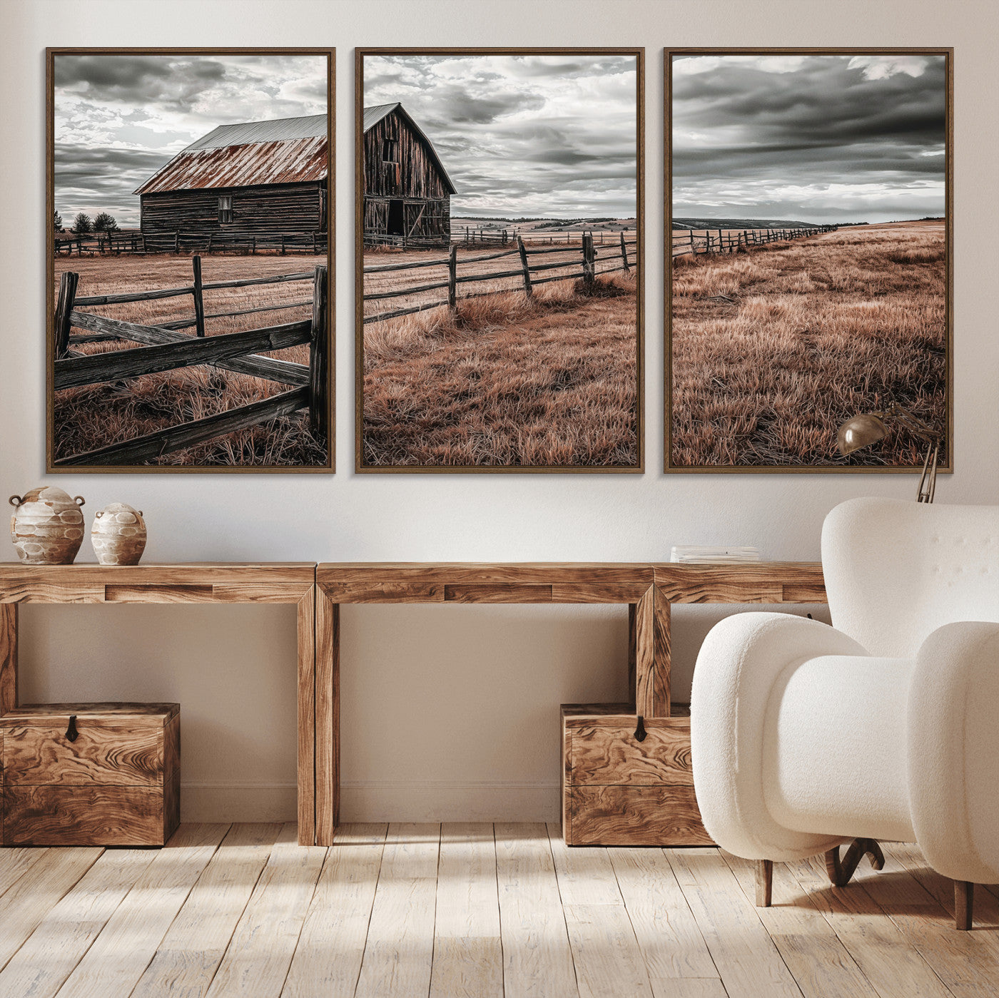 Framed canvas of a rustic barn under a moody sky with weathered fence and dark fields, ideal for farmhouse or rural-style wall decor.