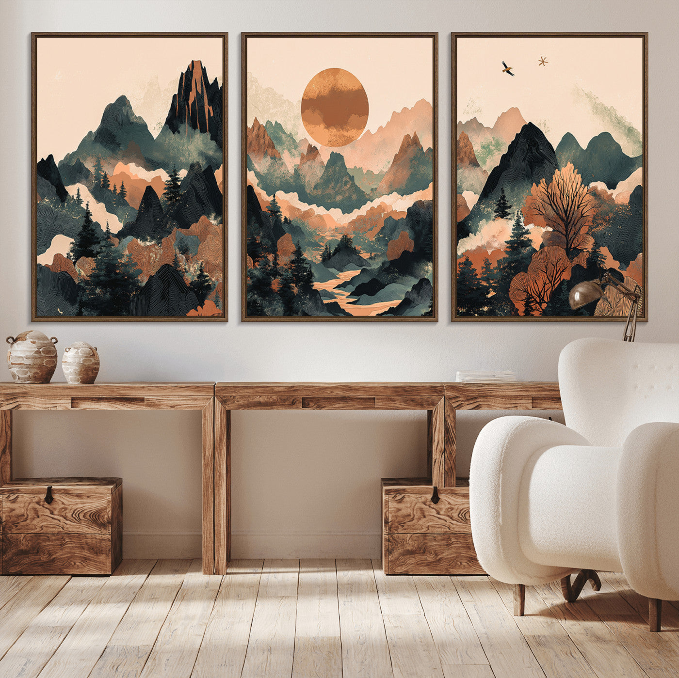 Mountain Landscape Wall Art Print - Sunset Hills Canvas Print, featuring an abstract nature scene with earthy tones and misty peaks, perfect for boho and modern decor.