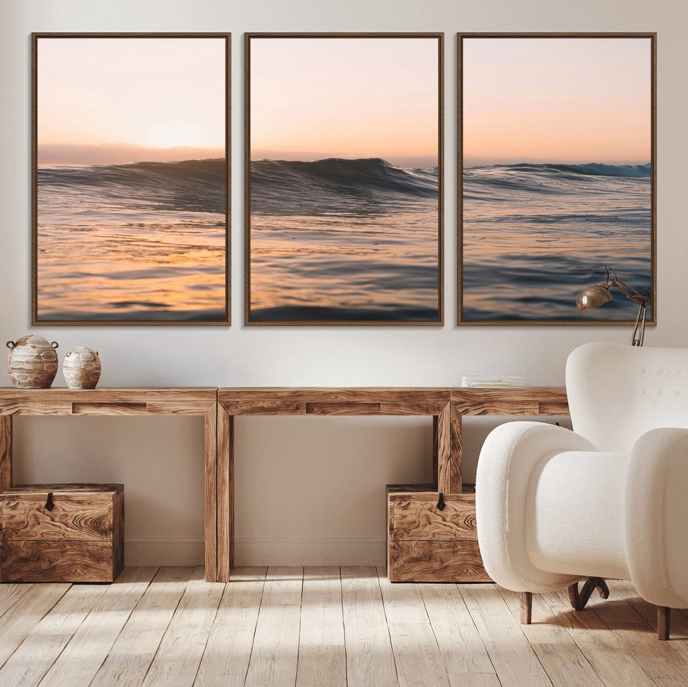 Framed canvas of ocean waves glowing in sunset light, ideal for golden hour calm or peaceful coastal-inspired wall decor.