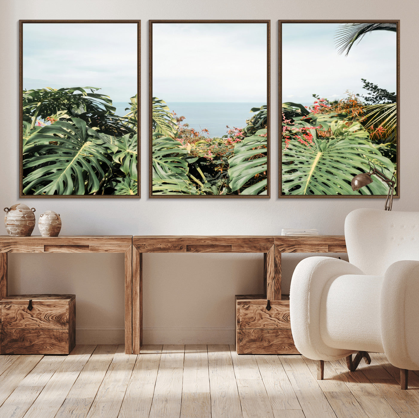 Monstera leaves and tropical flowers framing a calm ocean view, ideal for tropical coastal or exotic jungle-style interior wall decor.