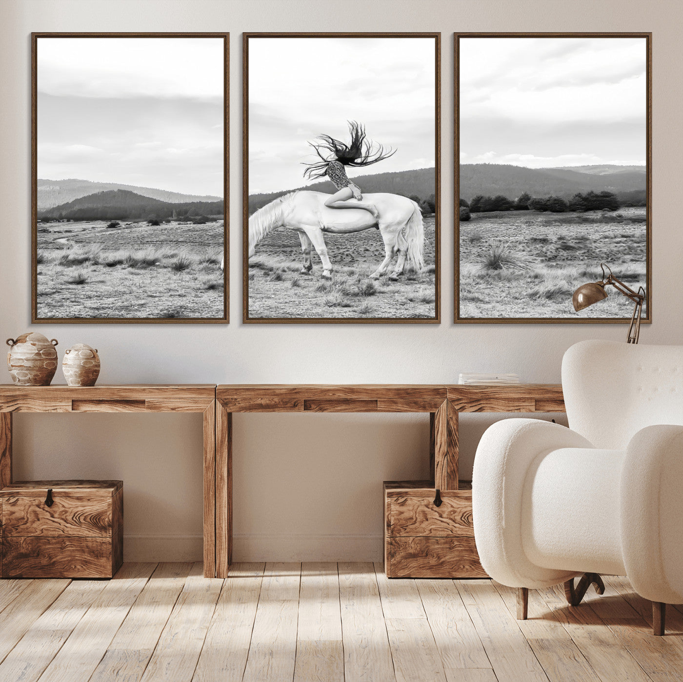 Black and white photo of a woman on a white horse in moody tones, ideal for Western Boho or modern rustic-style home decor.