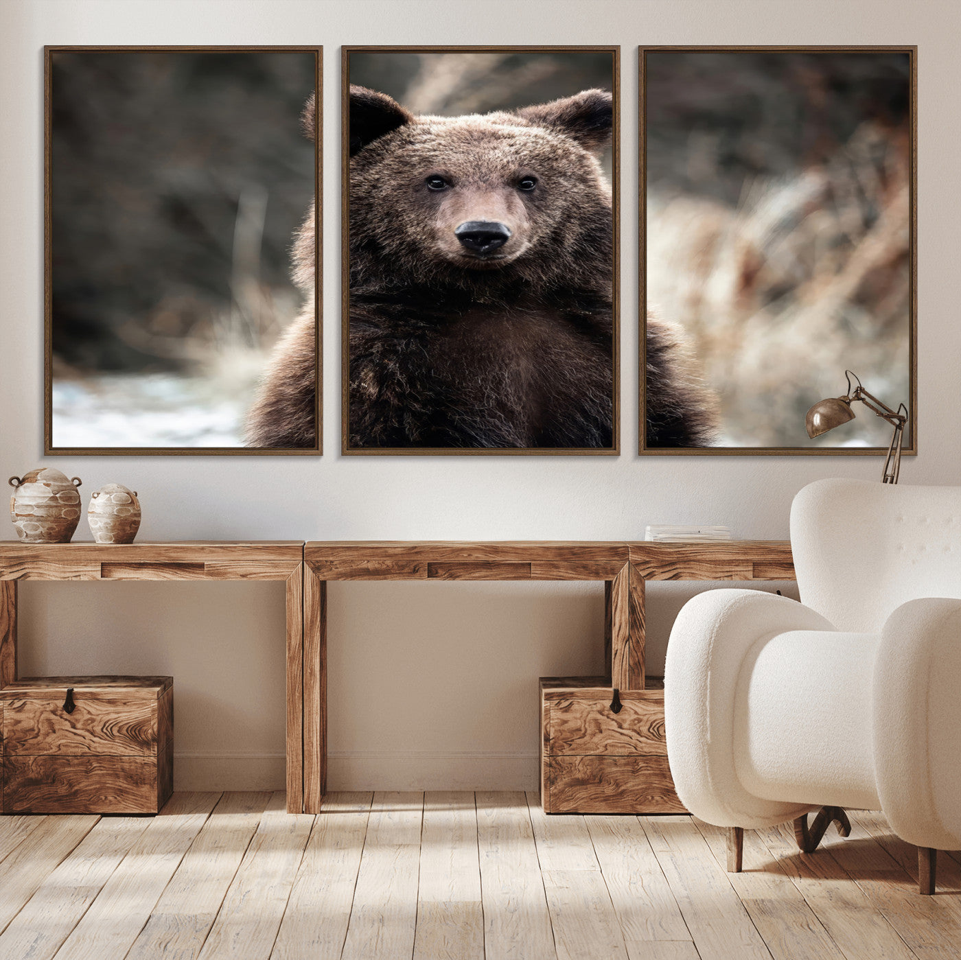 Canvas of a brown bear in soft earthy tones and moody forest light, ideal for rustic cabin or woodland nature-themed home decor.