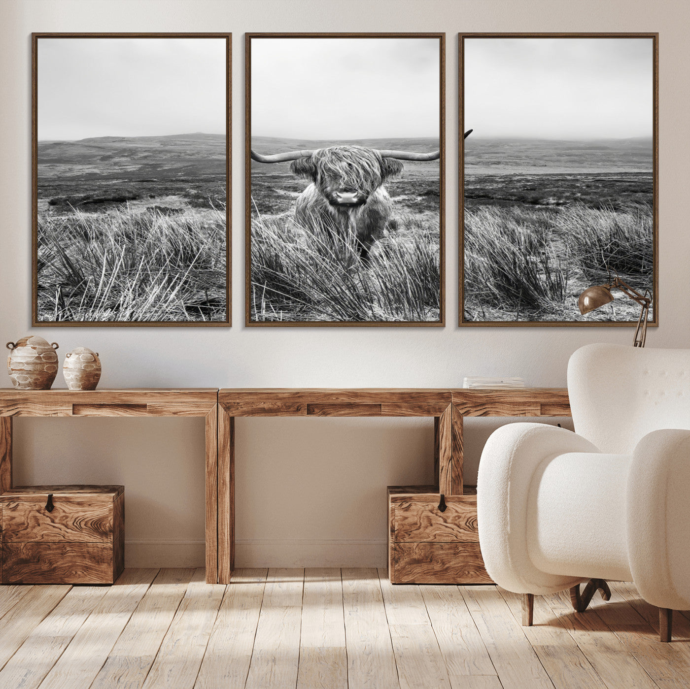 A black and white portrait of a Highland cow in a foggy Scottish countryside, capturing a rustic aesthetic and tranquil farm escape.