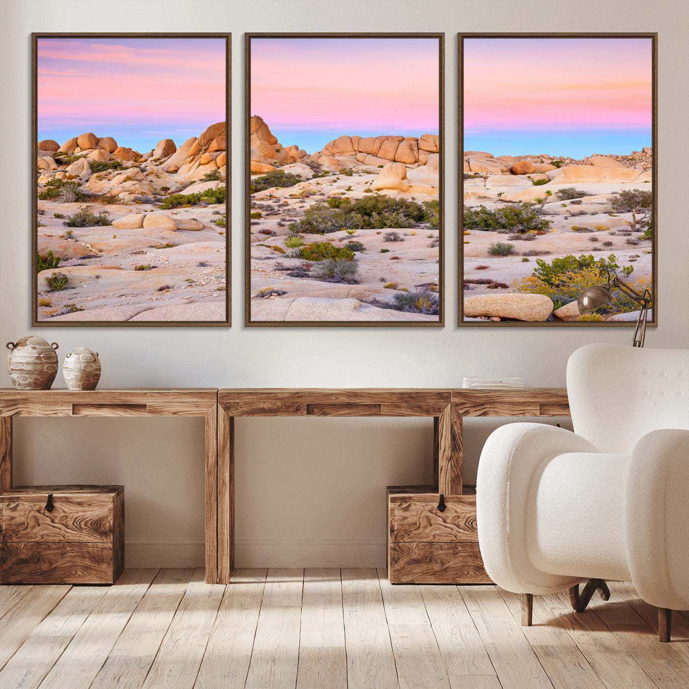 A breathtaking desert landscape featuring rugged rock formations under a vibrant pastel sunset sky, capturing the warmth and serenity of a Southwestern wilderness.