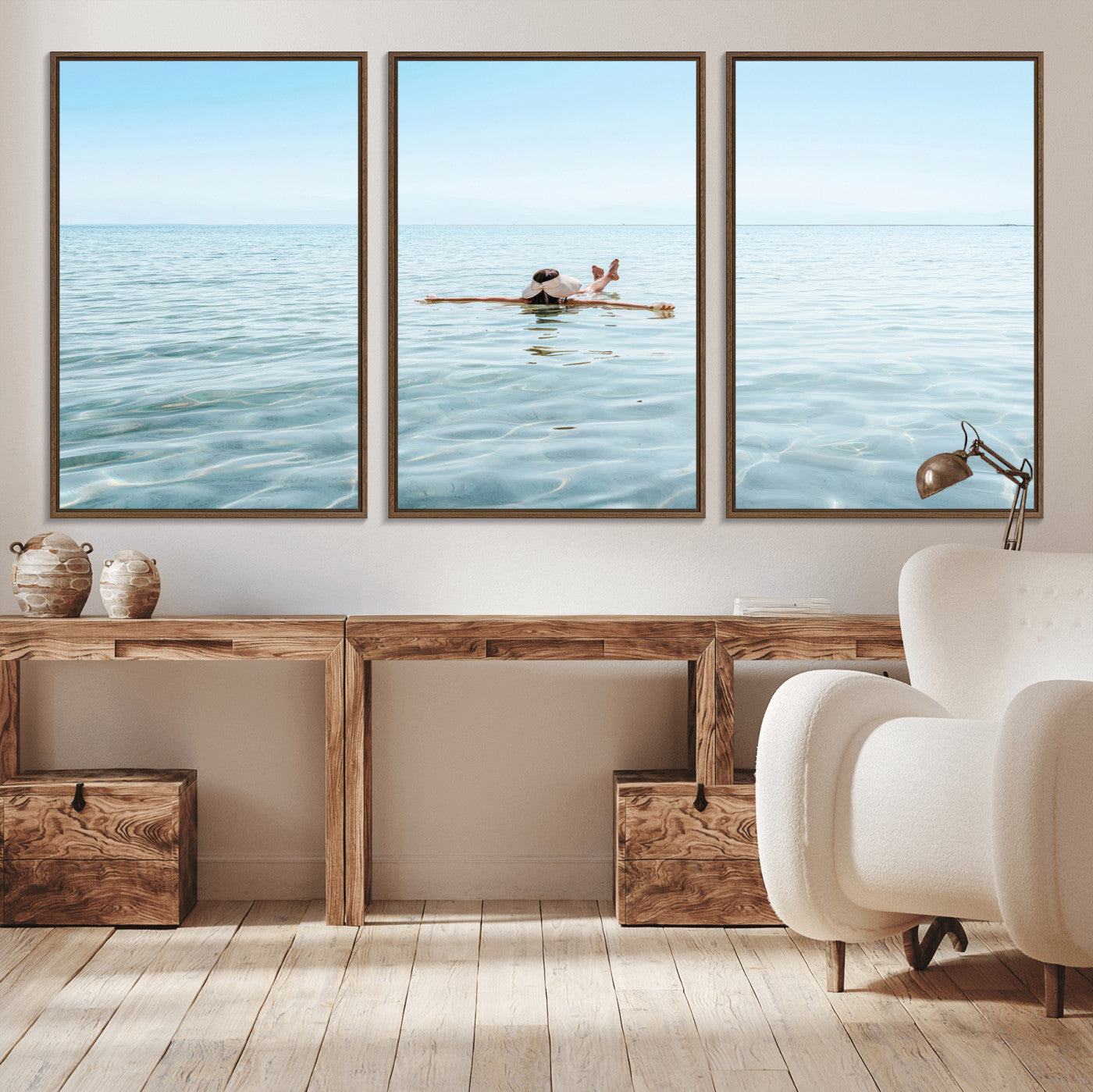 A peaceful minimalist scene of a person floating on crystal-clear water, surrounded by a vast open horizon, capturing relaxation and serenity in a tranquil aquatic setting.