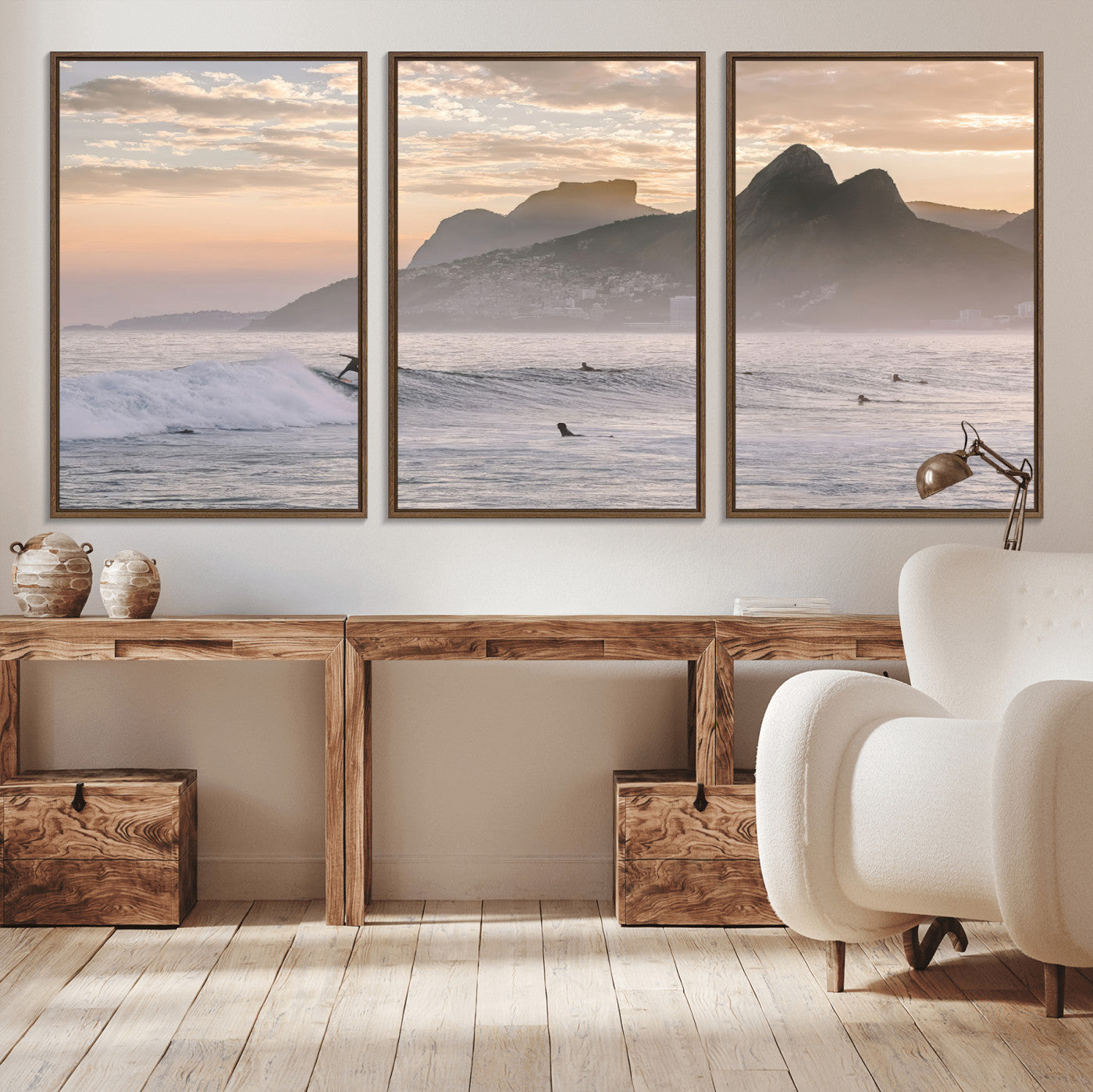 A surfer rides a golden hour wave near misty coastal mountains, surrounded by fellow surfers, capturing the spirit of a coastal adventure.