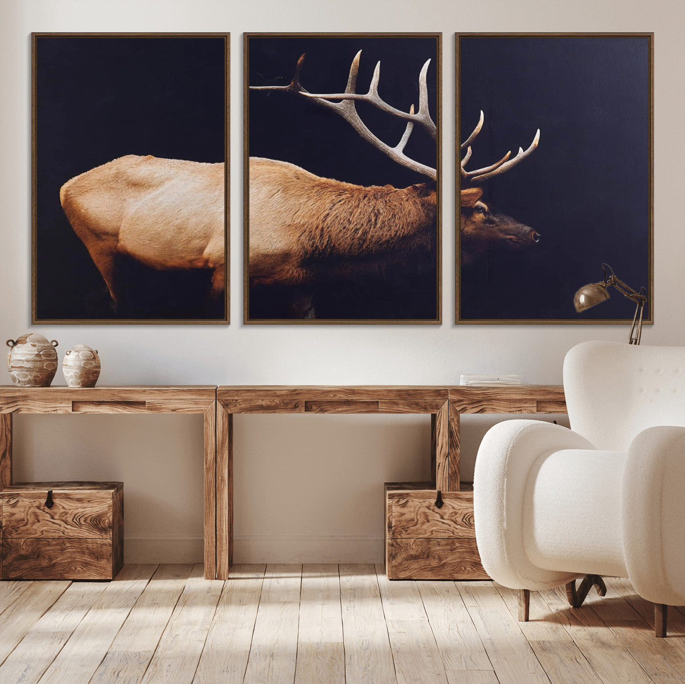 Side profile of an elk with large antlers on dark background, creating a bold rustic statement for cabin or Western-themed decor.