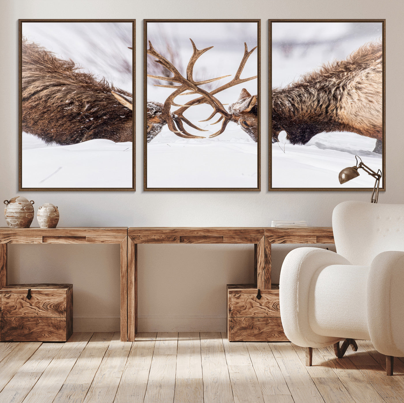 Two elk clashing antlers in a snowy forest, capturing raw power and wild energy, ideal for rustic cabin or lodge-style decor.