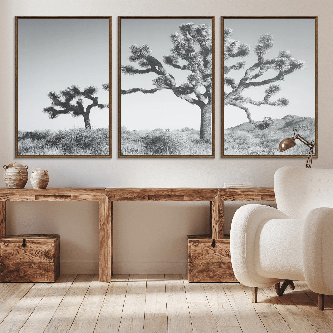 Black and white Joshua tree in a desert landscape with soft light and dry brush, perfect for rustic or minimalist home decor.