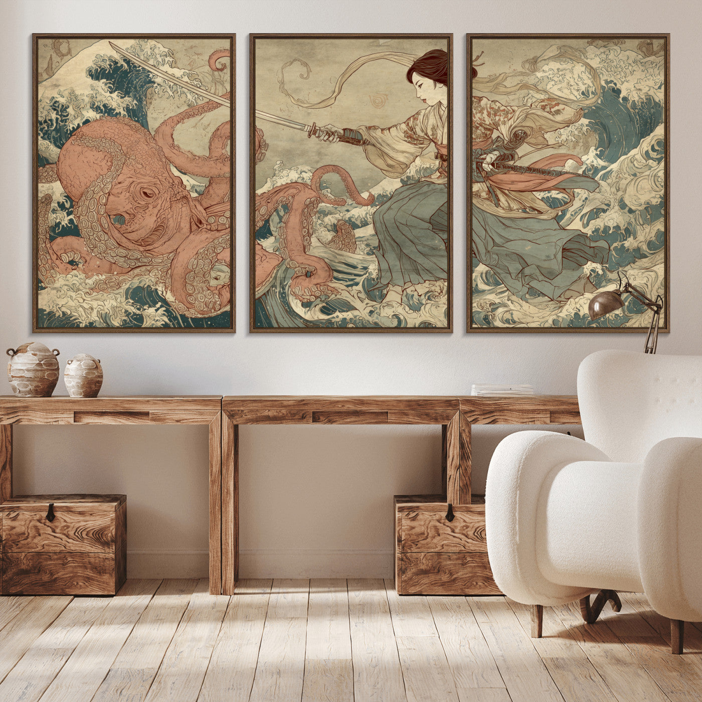 Tsukioka Yoshitoshi Samurai Wall Art Print, Japanese Katana Warrior Canvas Wall Art, Octopus Sea Monster Canvas Print,