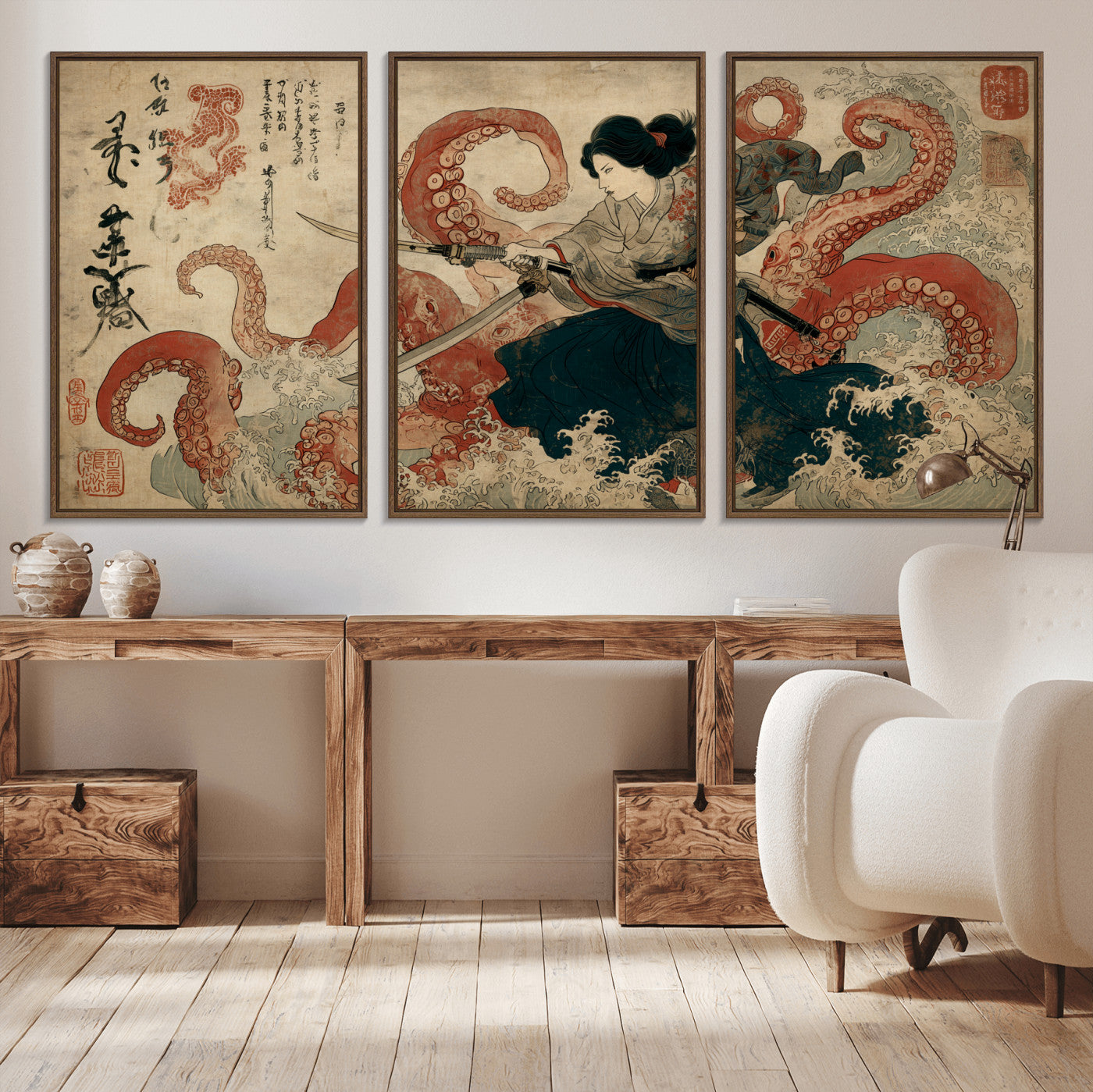 Tsukioka Yoshitoshi Samurai Wall Art Print, Japanese Katana Warrior Canvas Wall Art, Octopus Sea Monster Canvas Print,